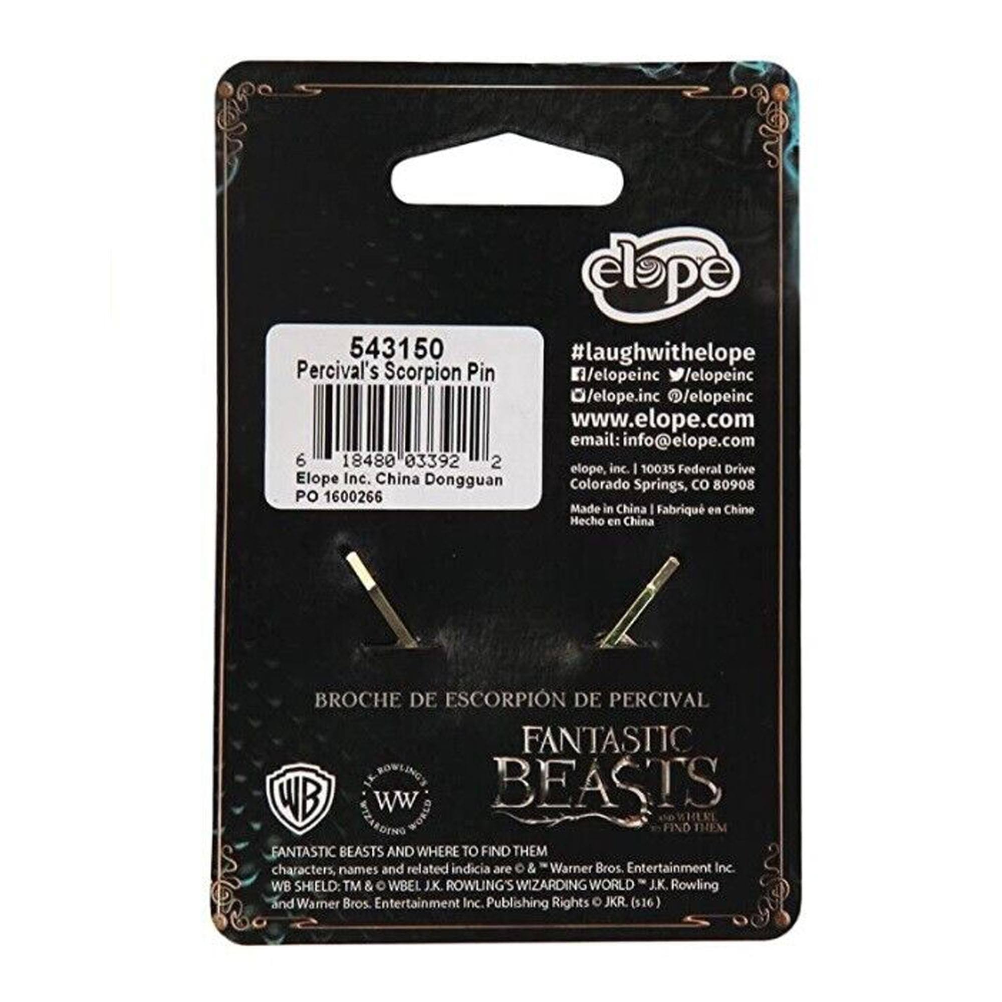 Sure, here is the corrected and grouped text from the image:

---

**Elope Inc.**

- **Product Code:** 543150
- **Product Name:** Percival's Scorpion Pin
- **Barcode:** 6 18480 83392 2
- **Company Information:**
  - Elope Inc., China Dongguan
  - PO 1600266
  - Made in China - Fabriqué en Chine - Hecho en China
- **Social Media:**
  - #laughwithelope
  - @elopeinc
  - /elopeinc
  - /elopeinc
  - /elopeinc
- **Website:** www.elope.com
- **Email:** info@elope.com
- **Address:** 10035 Federal Drive, Colorado Springs, CO 80908

**BROCHE DE ESCORPION DE PERCIVAL**

**FANTASTIC BEASTS**

**FANTASTIC BEASTS AND WHERE TO FIND THEM**

**Characters, names and related indicia are ™ & © Warner Bros. Entertainment Inc.**

**WB SHIELD: