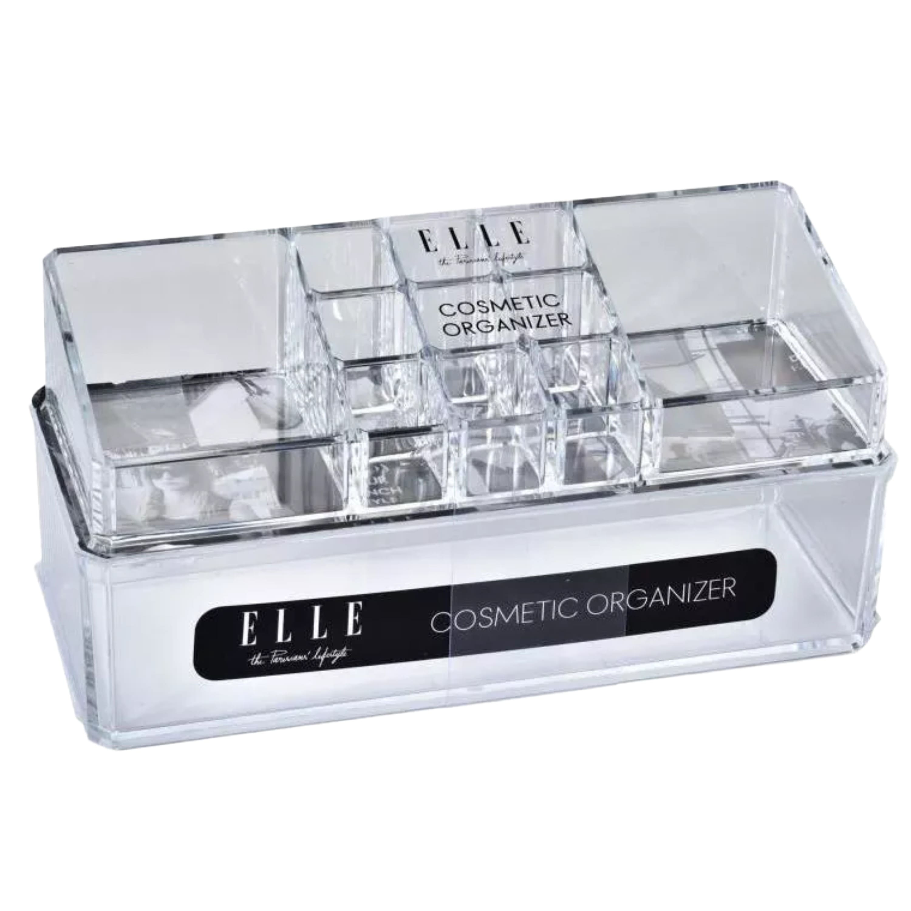 Elle - Stackable Cosmetic Organizer with 11 Compartments & Drawer Section, Acrylic Vanity Organizer - Clear