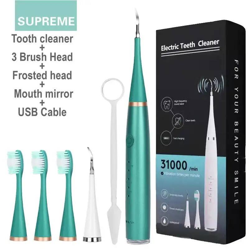 SUPREME  
Tooth cleaner + 3 Brush Head + Frosted head + Mouth mirror + USB Cable  

Electric Teeth Cleaner  
FOR YOUR BEAUTY SMILE  

- High frequency sound wave  
- Clean teeth  
- Fast charging  
- 31000 /min Vibration times per minute  
- Sensitivity levels  
- Timed shutdown  
- Waterproof  

31000 /min Vibration times per minute