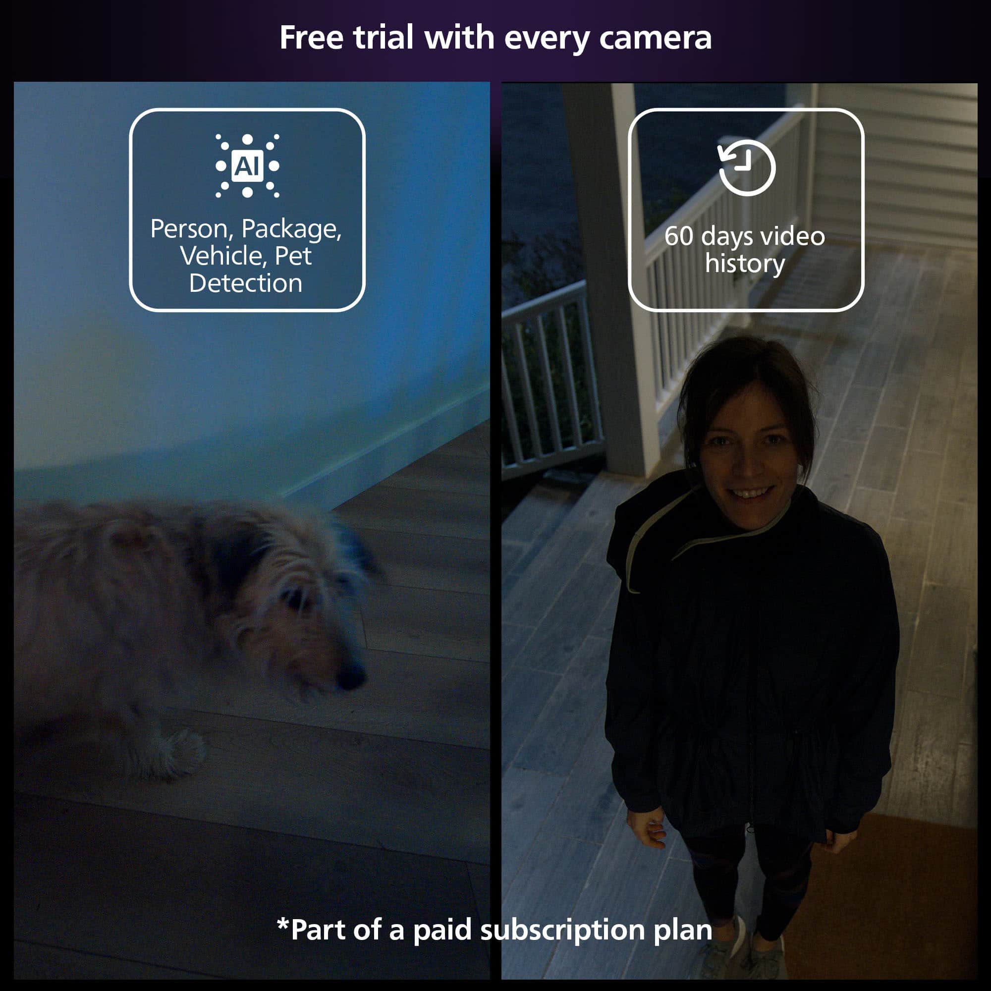 Free trial with every camera AI Person, Package, Vehicle, Pet Detection D 60 days video history *Part of a paid subscription plan