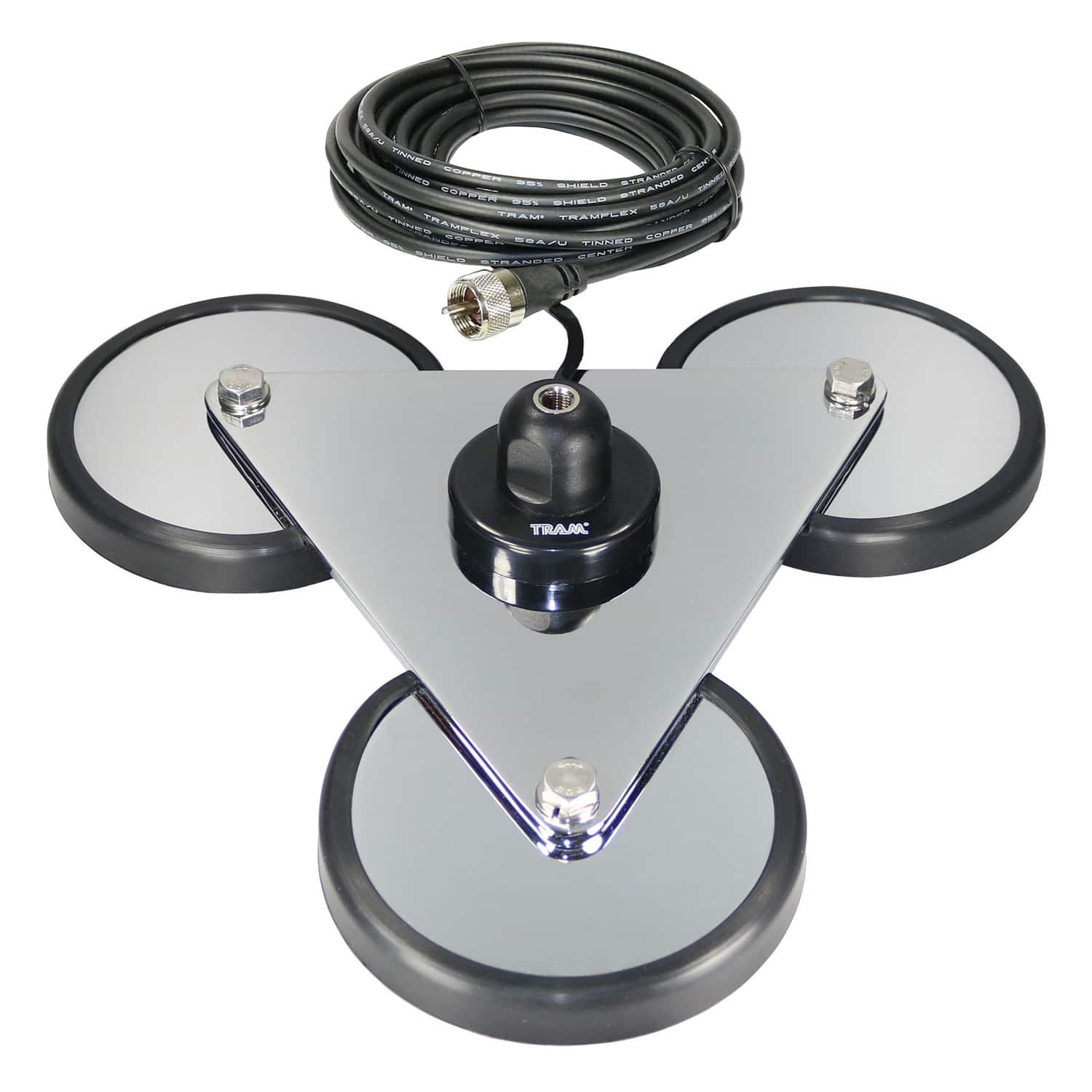 Tram - 270 Super-Strong 12-3/4" Tri-Magnet CB Antenna Mount, 5" Magnets, Rubber Boots, 18 ft RG58 Tinned Copper Braid Cable - Chrome