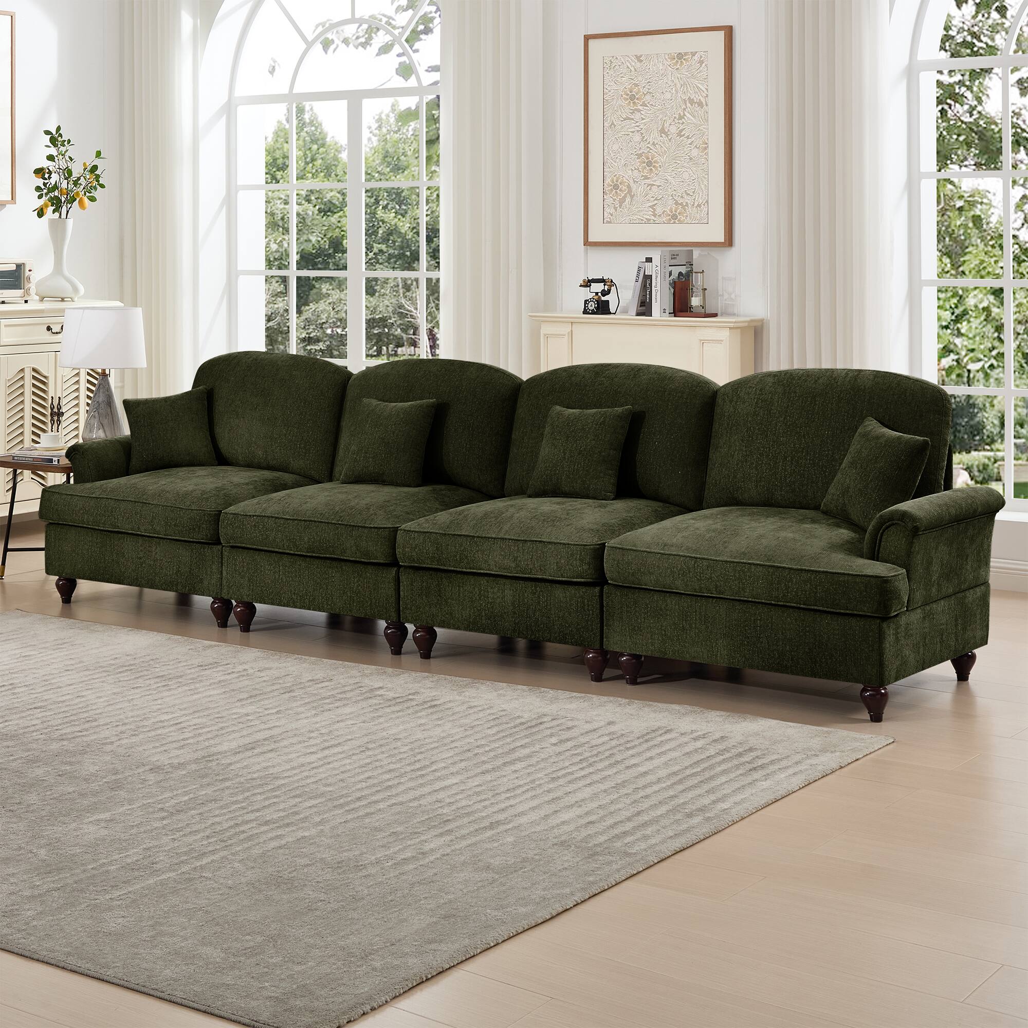 Angle. Anysun - Mid-Century Chenille 4-Seat Sofa - Flared Arms, Ruffled Skirt & Spindle Legs for Living Room - Green.
