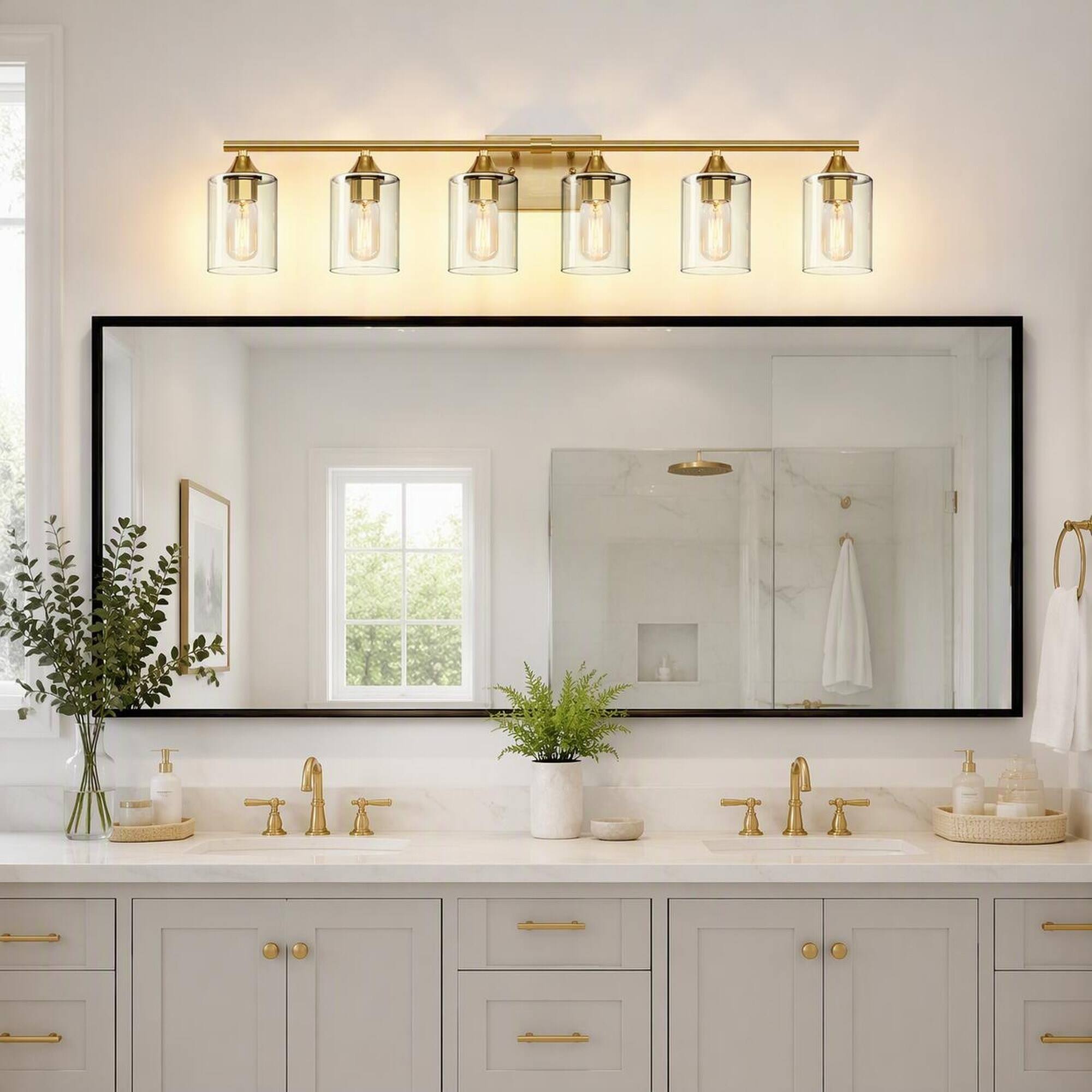 Left. RYHNUYNE - 6-Light Brushed Gold Farmhouse Vanity Light with Clear Glass Shades, Damp-Proof Iron Frame, Reversible Mount.