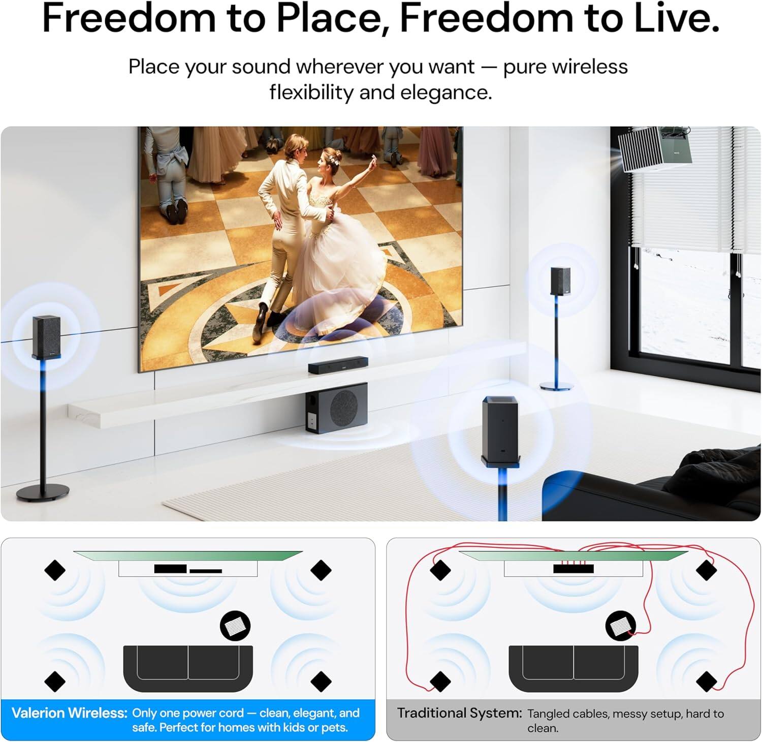 Freedom to Place, Freedom to Live.

Place your sound wherever you want — pure wireless flexibility and elegance.

Valerion Wireless: Only one power cord — clean, elegant, and safe. Perfect for homes with kids or pets.

Traditional System: Tangled cables, messy setup, hard to clean.