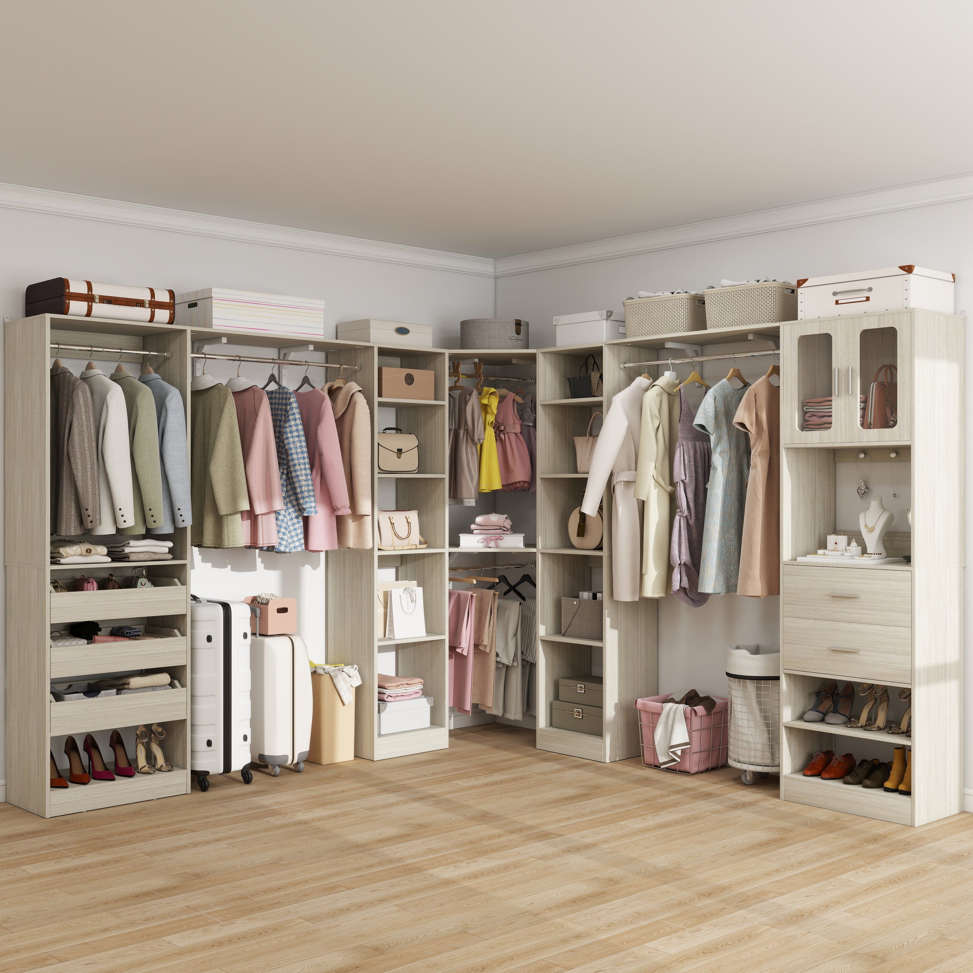 Aheaplus - 100'' Large Walk-in Closet Organizer System with Drawers, Hanging Rods and 20 Shelves for Storage, 3 Sets - Beige Oak price history on PriceWatchPro