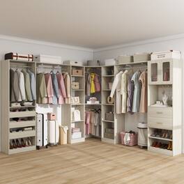 Aheaplus - 100'' Large Walk-in Closet Organizer System with Drawers, Hanging Rods and 20 Shelves for Storage, 3 Sets - Beige Oak