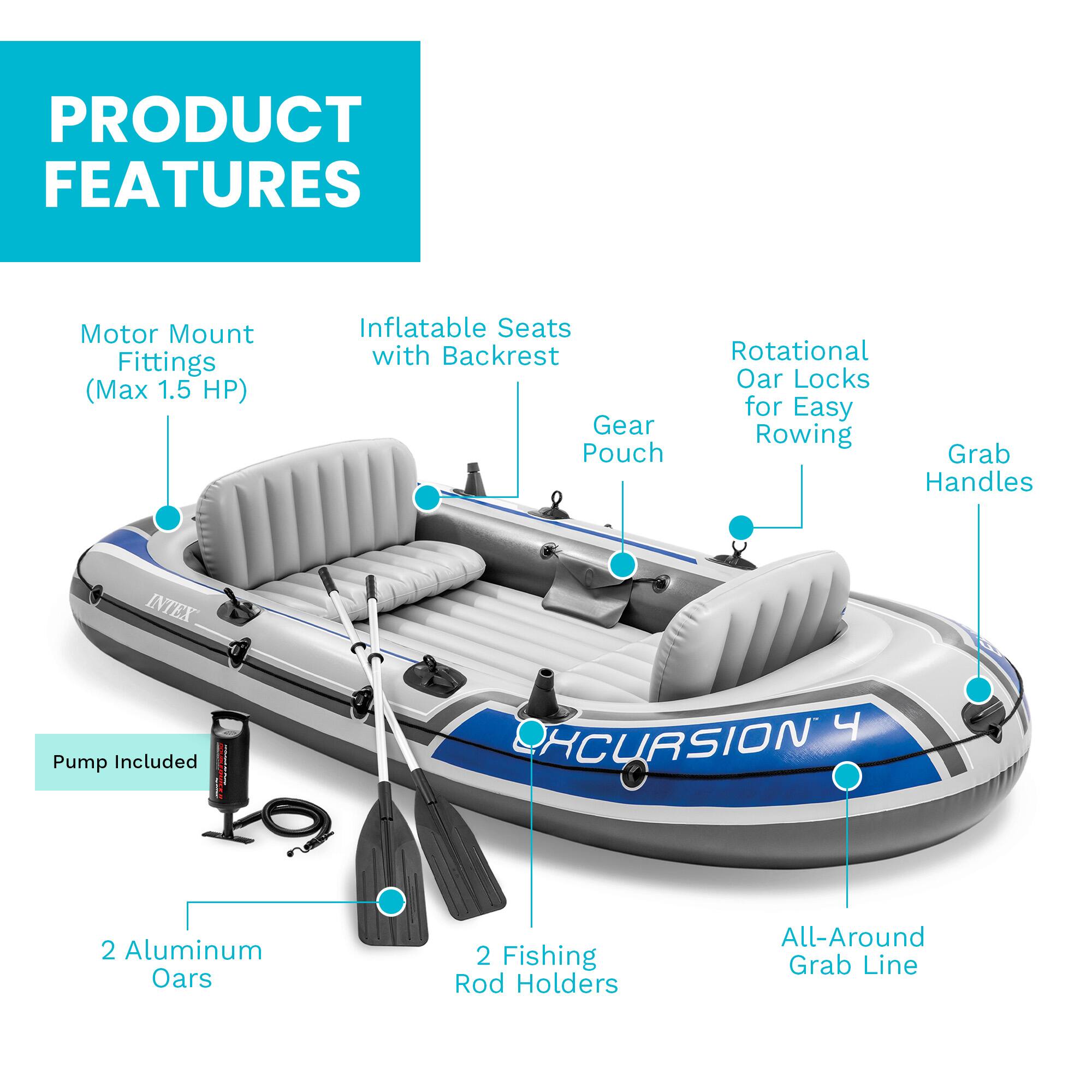 PRODUCT FEATURES

- Motor Mount Fittings (Max 1.5 HP)
- Inflatable Seats with Backrest
- Gear Pouch
- Rotational Oar Locks for Easy Rowing
- Grab Handles
- Pump Included
- 2 Aluminum Oars
- 2 Fishing Rod Holders
- All-Around Grab Line