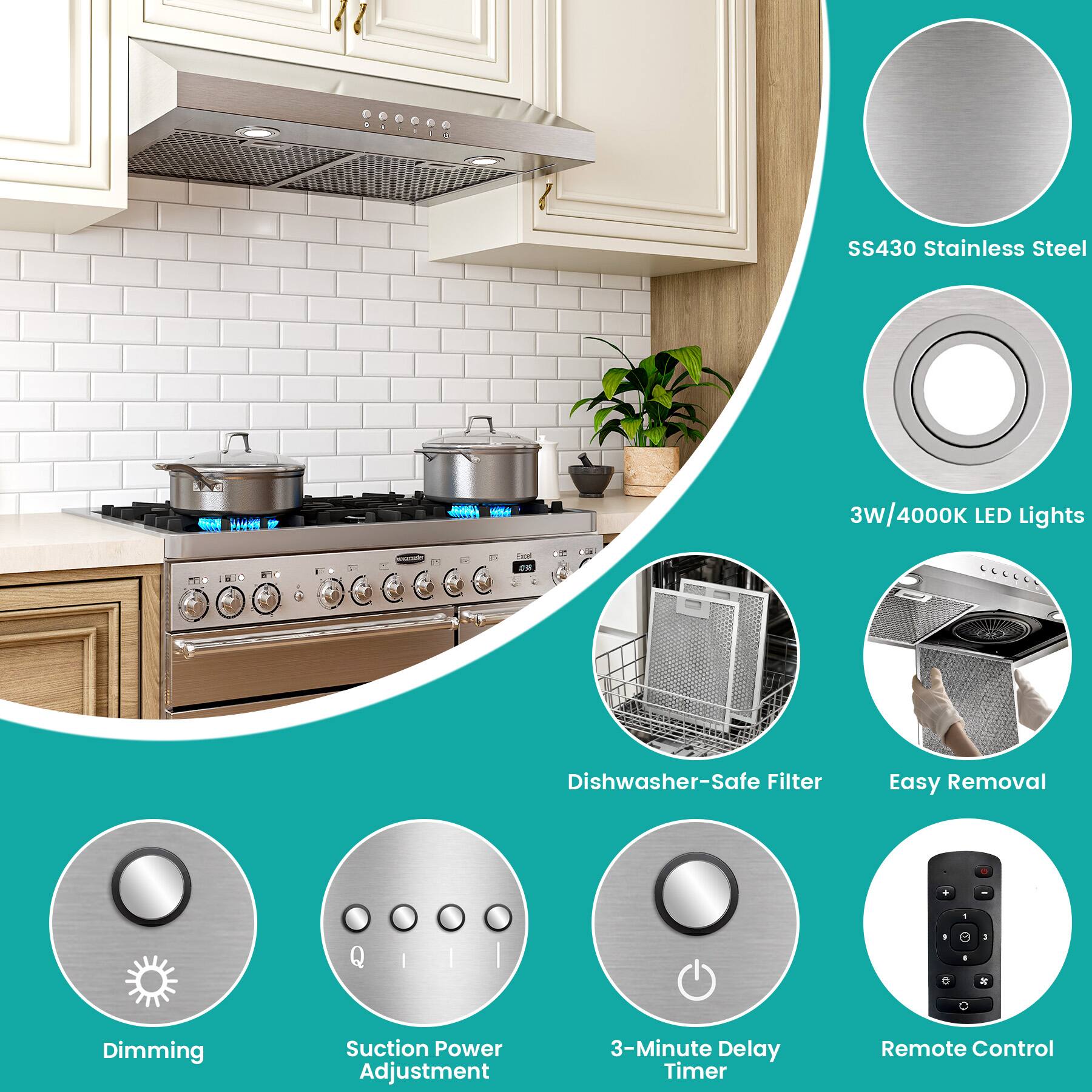 SS430 Stainless Steel  
- 3W/4000K LED Lights  
- Dishwasher-Safe Filter  
- Easy Removal  
- Dimming  
- Suction Power Adjustment  
- 3-Minute Delay Timer  
- Remote Control