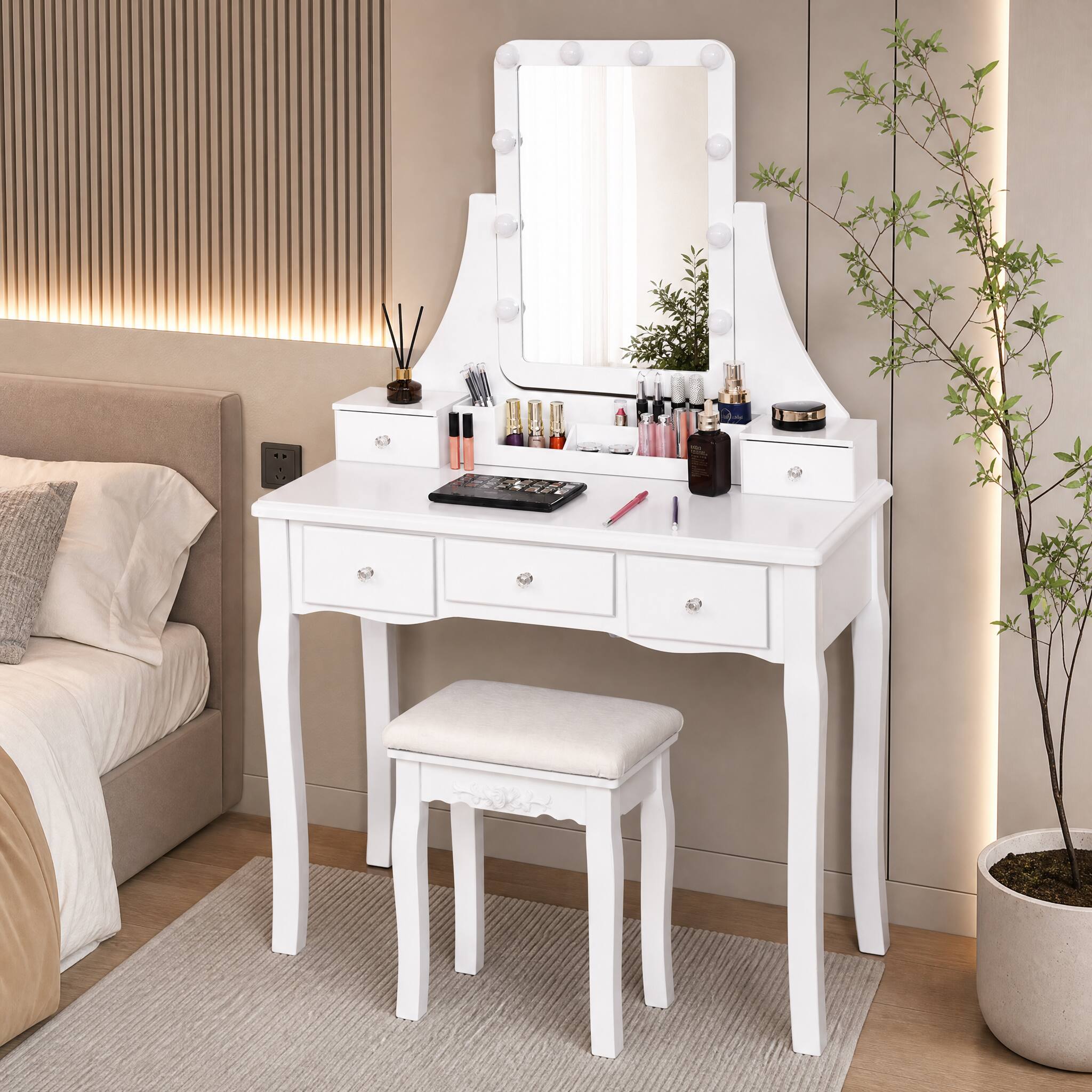 Angle. WELLFOR - Makeup Vanity Dressing Table Set with 360° Rotatable Mirror, Memory‑Brightness Function, 5 Drawers &Padded Stool - White.