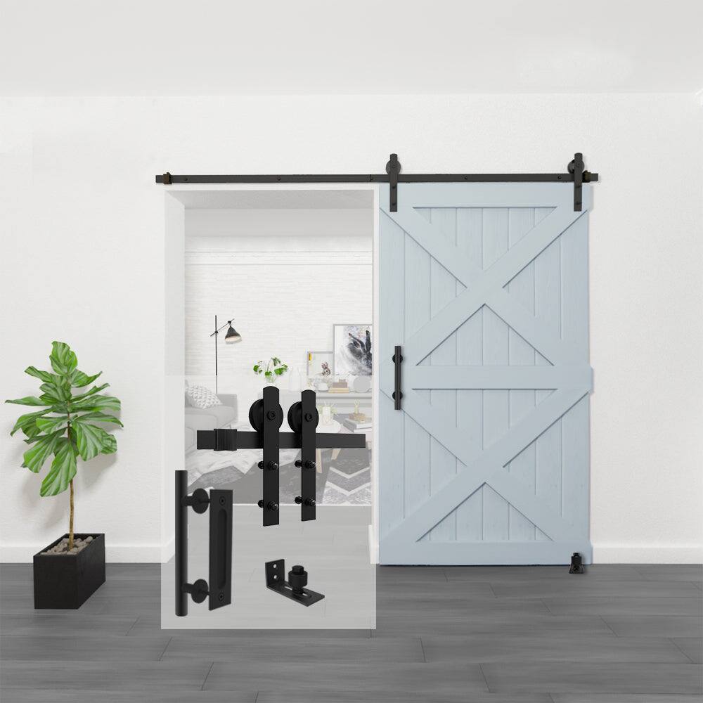 Alt View 2. Boyel Living - 8 ft./96 in. Black Steel Straight Sliding Barn Door Track and Hardware Kit with 12 in. Square Handle and Floor Guide - Black.