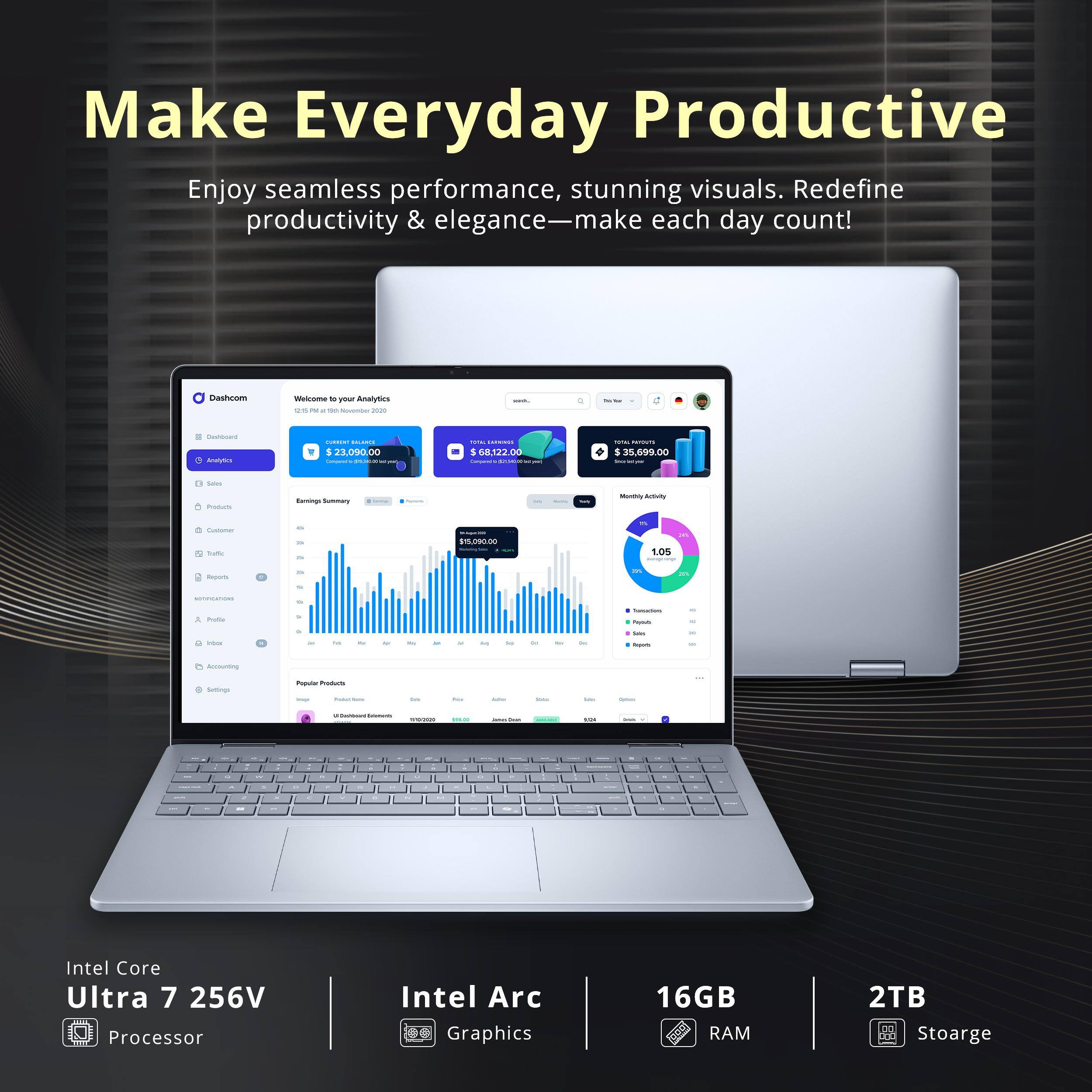 Make Everyday Productive

Enjoy seamless performance, stunning visuals. Redefine productivity & elegance—make each day count!

Intel Core Ultra 7 256V Processor  
Intel Arc Graphics  
16GB RAM  
2TB Storage
