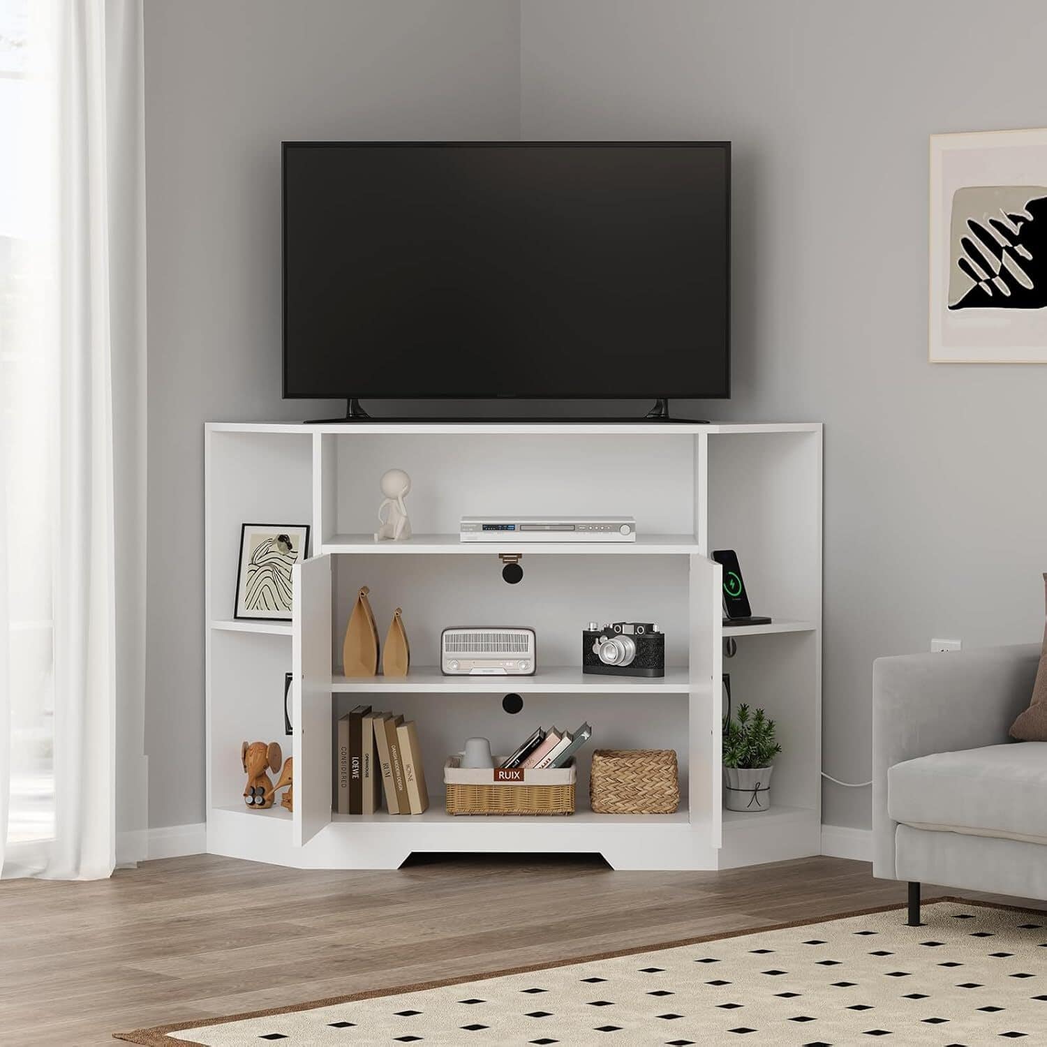GARVEE - Media Corner Tv Stand for Tvs Up to 55 Inch with Power Outlet, with Storage Cabinets - White