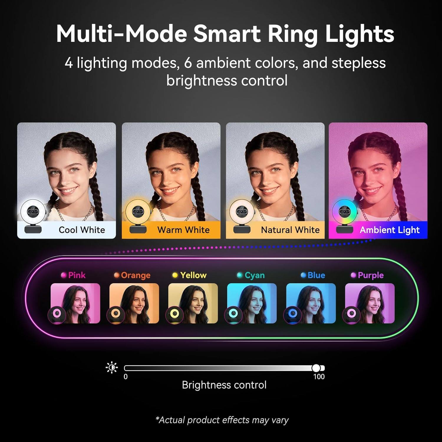 Multi-Mode Smart Ring Lights

4 lighting modes, 6 ambient colors, and stepless brightness control

- Cool White
- Warm White
- Natural White
- Ambient Light

- Pink
- Orange
- Yellow
- Cyan
- Blue
- Purple

Brightness control 0-100

*Actual product effects may vary