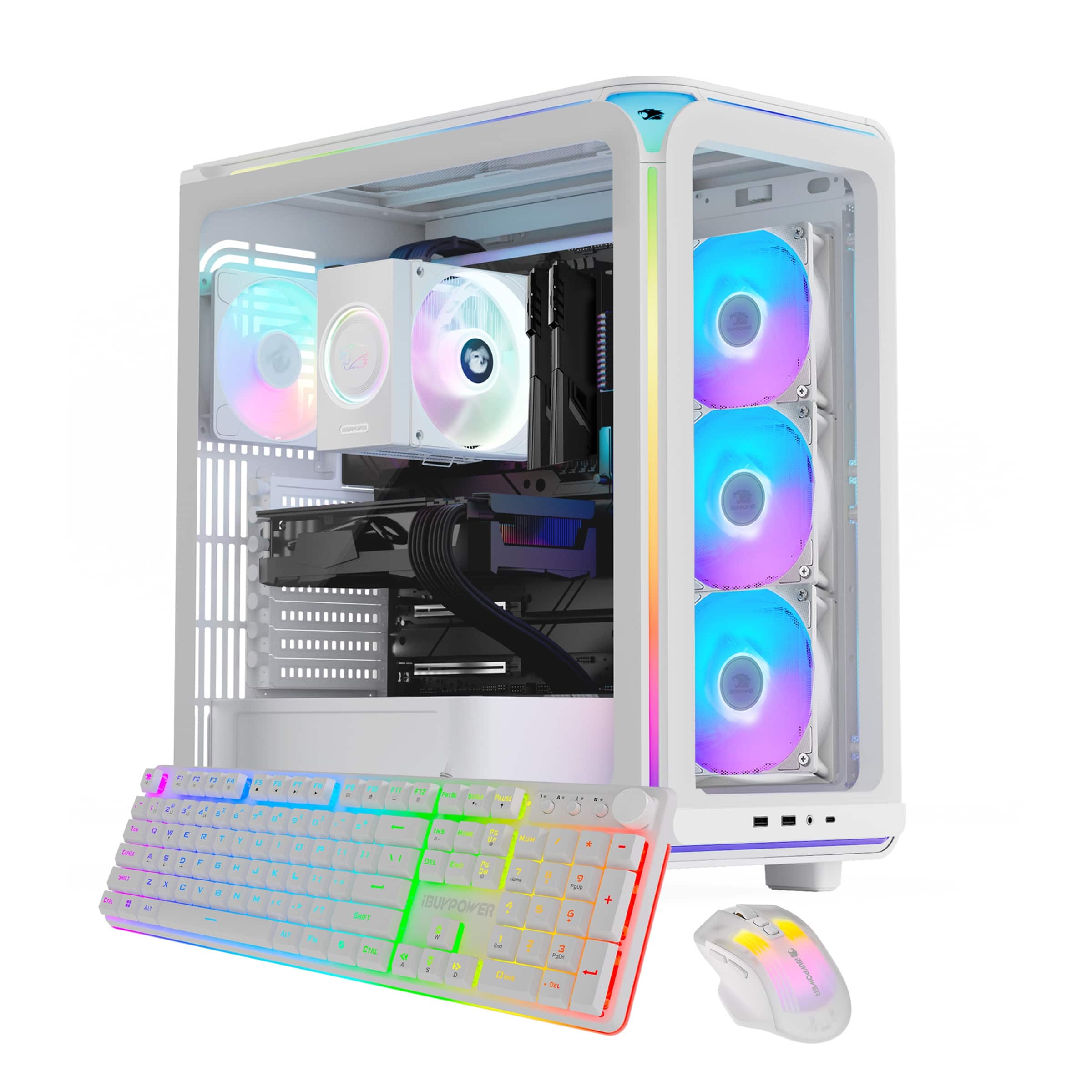Front. iBUYPOWER - iBUYPOWER - Element Gaming Desktop PC - AMD Ryzen 7 9700F, NVIDIA GeForce RTX 5070 12GB, 32GB DDR5 RGB, 1TB NVMe SSD - White.