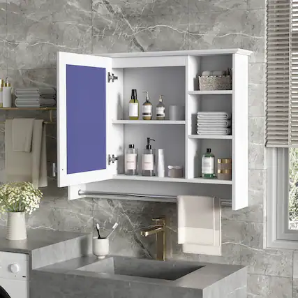 Front. Whisen - 36" Wood MDF Wall Mounted Bathroom Medicine Cabinet 3-in-1 Mirror Storage Cupboard with Towel Bar - White.