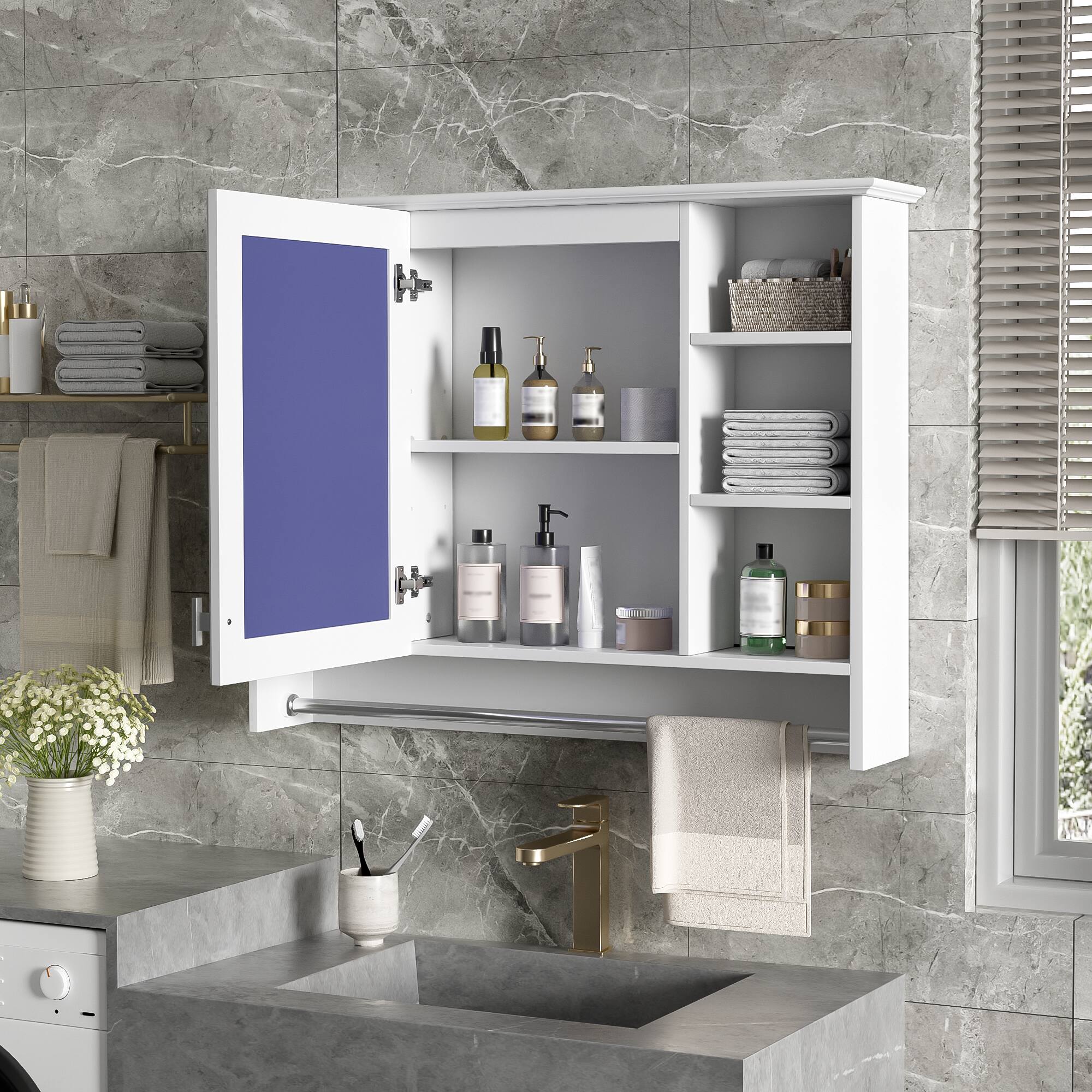Front. Whisen - 36" Wood MDF Wall Mounted Bathroom Medicine Cabinet 3-in-1 Mirror Storage Cupboard with Towel Bar - White.