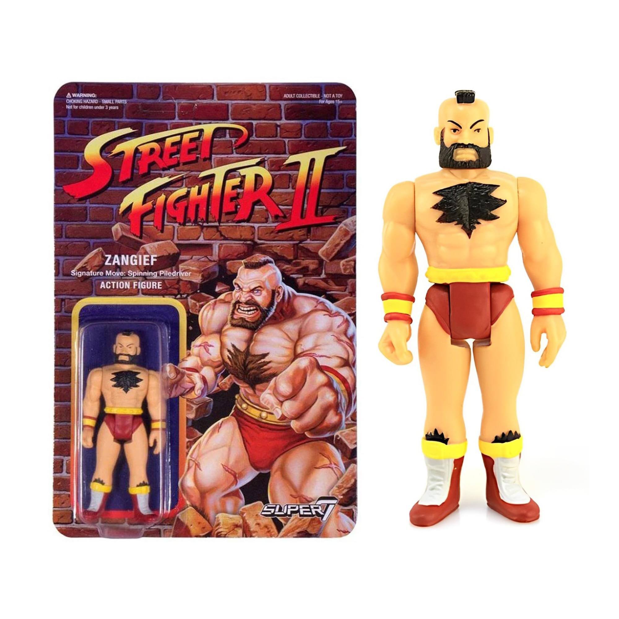 A WARNING: CHOKING HAZARD - SMALL PARTS. Not for children under 3 years.  
STREET FIGHTER II  
ZANGIEF  
Signature Move: Spinning Piledriver  
ACTION FIGURE  
SUPER