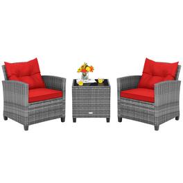 Costway - 3 PCS Patio Rattan Furniture Bistro Set Cushioned Sofas Side Table Armrest - Grey + Red