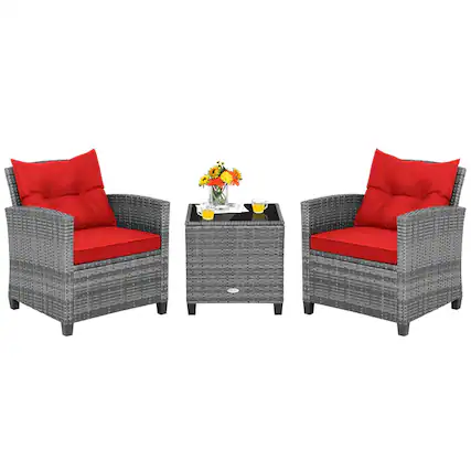 Front. Costway - 3 PCS Patio Rattan Furniture Bistro Set Cushioned Sofas Side Table Armrest - Grey + Red.