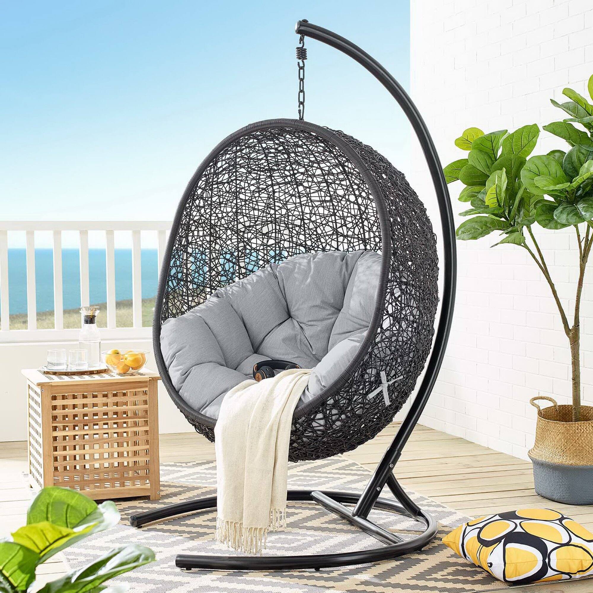 Encase Sunbrella® Swing Outdoor Patio Lounge Chair by Modway Black Gray ...
