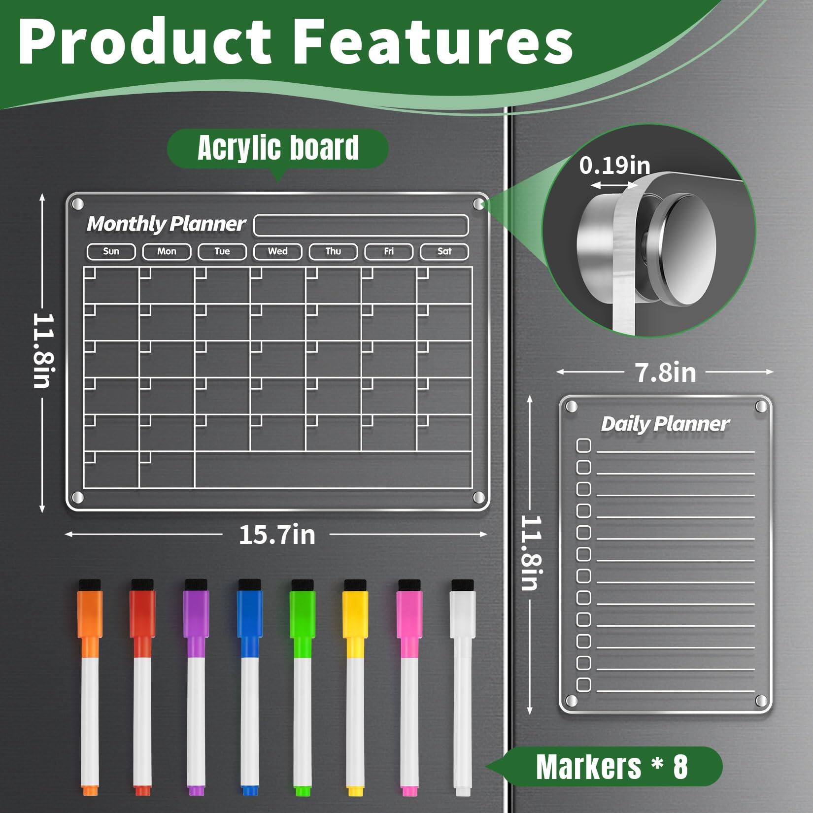 Product Features

Acrylic board

Monthly Planner
Sun Mon Tue Wed Thu Fri Sat

11.8in x 7.8in

Daily Planner

11.8in x 7.8in

Markers * 8

0.19in