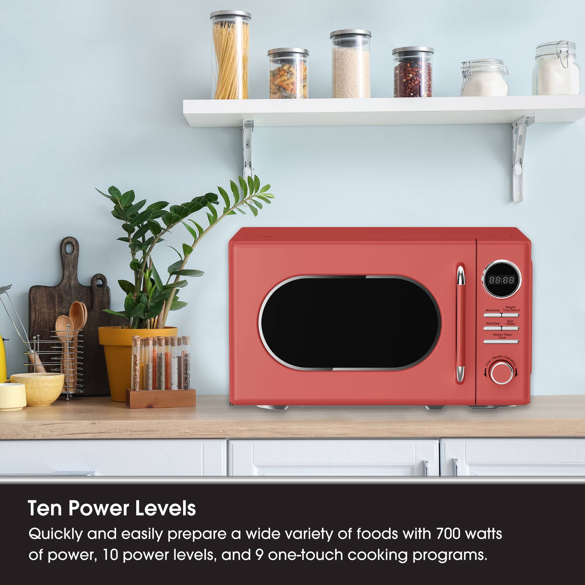 Ten Power Levels

Quickly and easily prepare a wide variety of foods with 700 watts of power, 10 power levels, and 9 one-touch cooking programs.