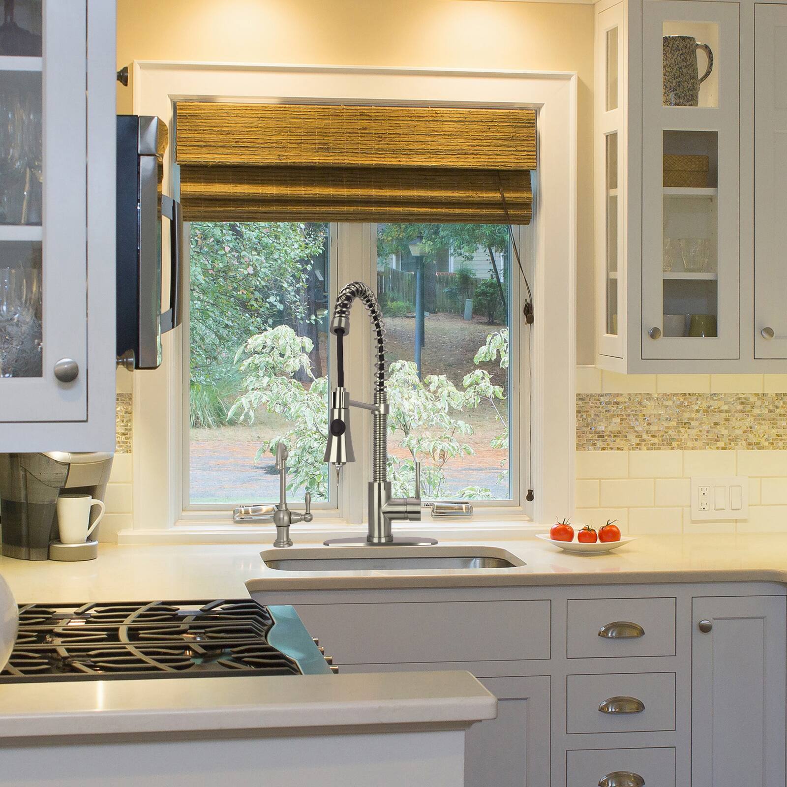Alt View 4. Akicon - Akicon Pre-Rinse Spring Solid Brass Single Handle Kitchen Faucet with Pull Down Sprayer in Brushed Nickel - Brushed Nickel.