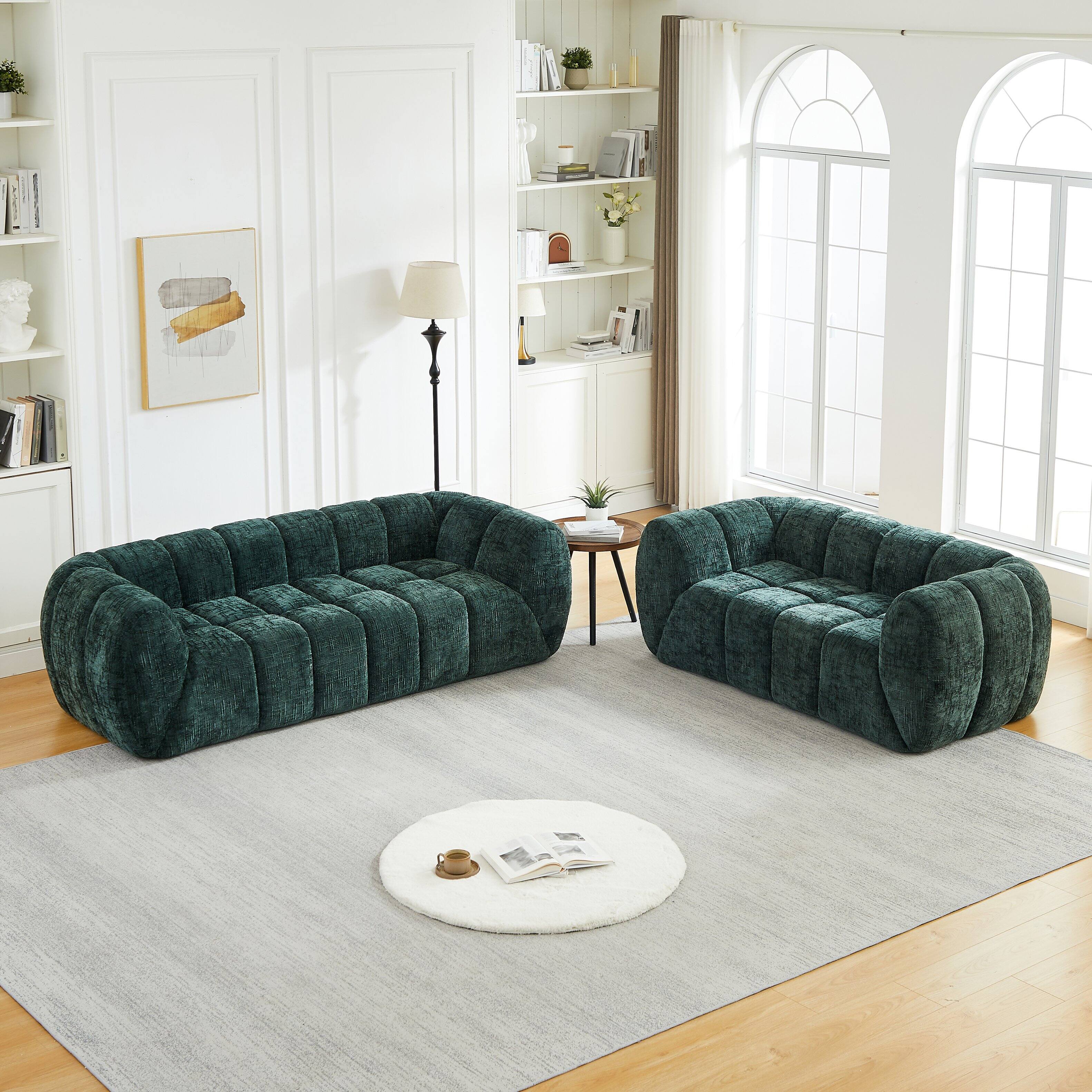 Back. Anysun - Chenille Pure Foam Sofa Set – 3+2 Modern Quilted Cloud Sofa, Deep-Seat Chenille, Comfortable 3-Seater & 2-Seater Sofa - Green.