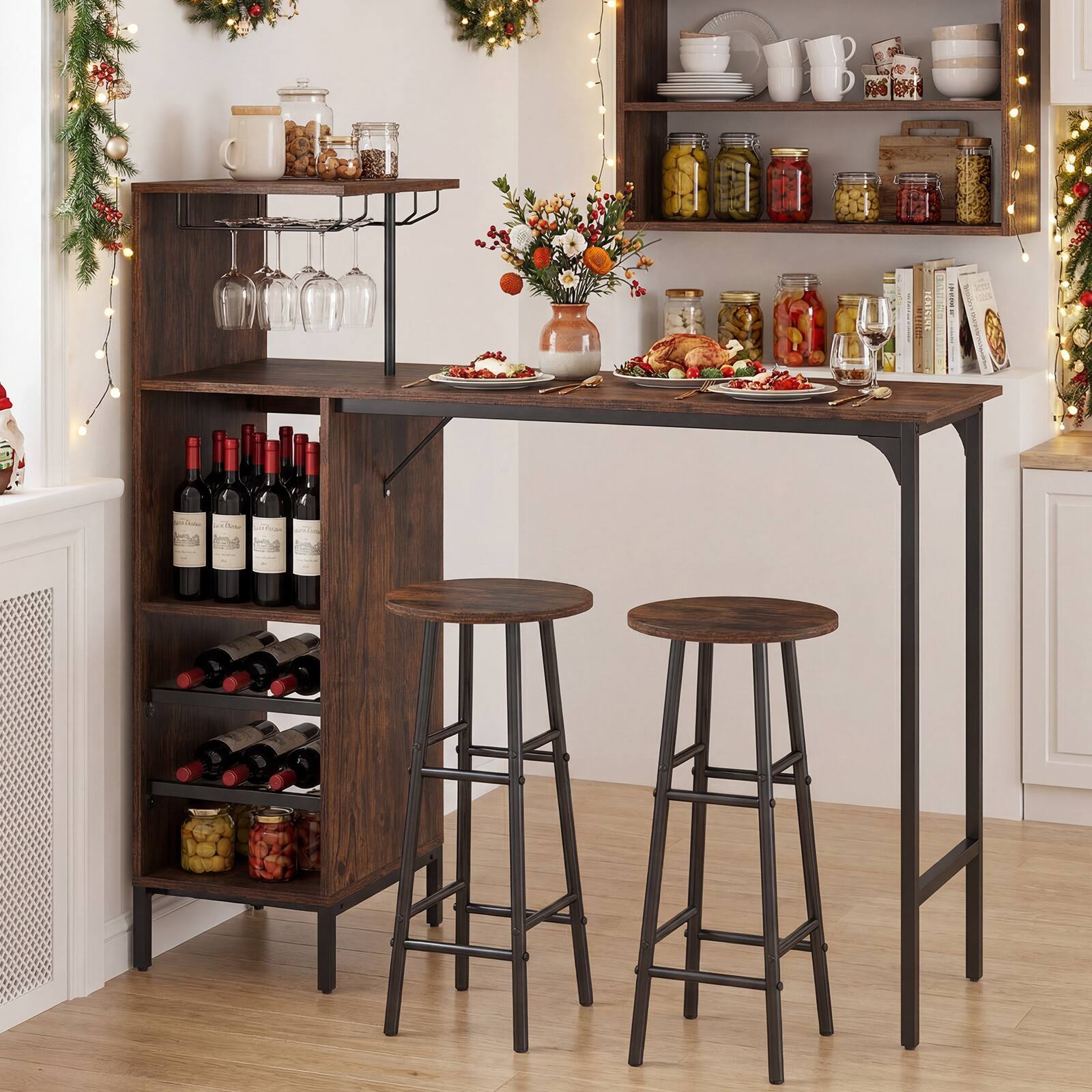 Alt View 1. Costway - Costway 3 PCS Bar Table and Chairs Set Industrial Pub Table & Stools with Bottle Wine Rack - Brown.
