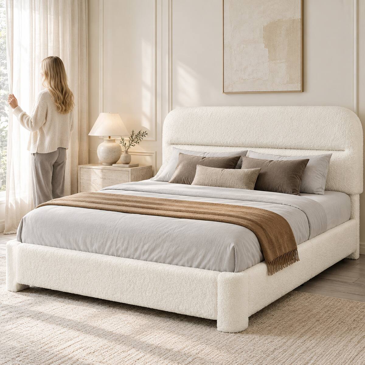 Alt View 5. Vipbear - F/Q/K Upholstered Platform Bed Frame | Height Adjustable Headboard, No Box Spring Needed, Works with 8–14" Mattresses - Beige.