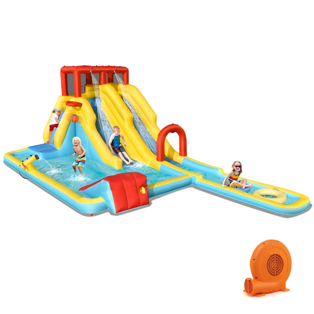 Front. SlickBlue - Kids 7-in-1 Inflatable Water Park with Dual Slides and Included 680W Blower - Yellow, Red, Blue.