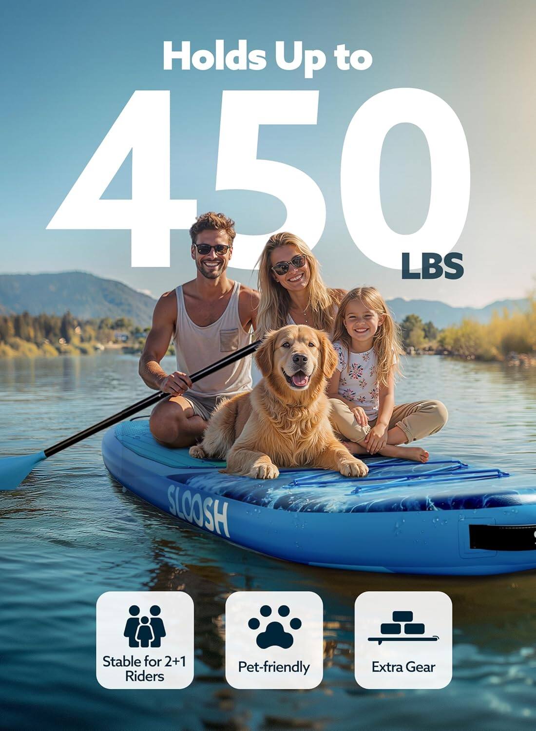 Holds Up to 450 LBS

- Stable for 2+1 Riders
- Pet-friendly
- Extra Gear