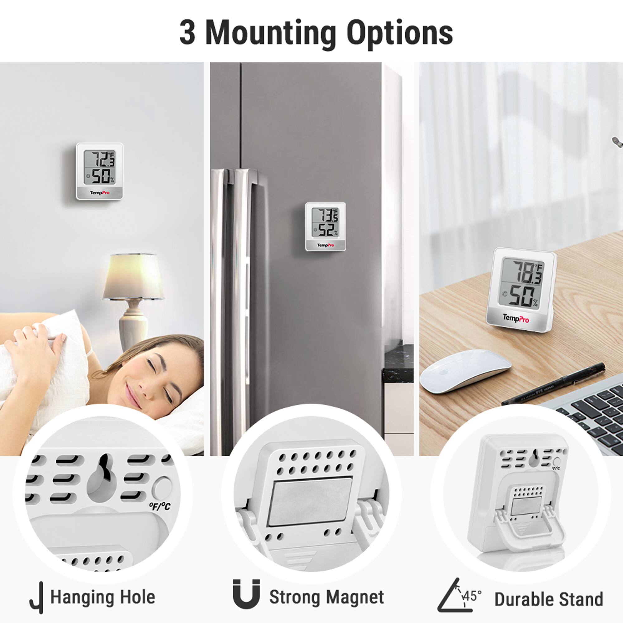 3 Mounting Options

- Hanging Hole
- Strong Magnet
- Durable Stand