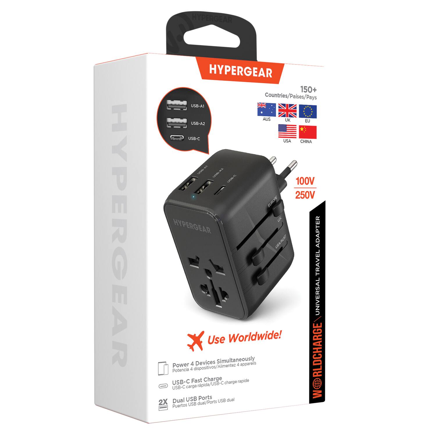 HYPERGEAR HYPERGEAR HYPERGEAR 150+ Countries/Paises/Pays USB-A1 AUS UK EU SA-BZU USB-C USA CHINA ALAS 125% 100V 250V Acara HYPERGEAR ADAPTER USANOST HOT TRAVEL UNIVERSAL Use Worldwide! Potencia Power 4 4 dispositivos/ Devices Simultaneously Alimentez 4 apparels RLDCHARGE USB-C Fast Charge rapide rapida/USB-C change US8-C carga Ports W Dual USB USB dual 2X uS8 dual/Ports Puertos