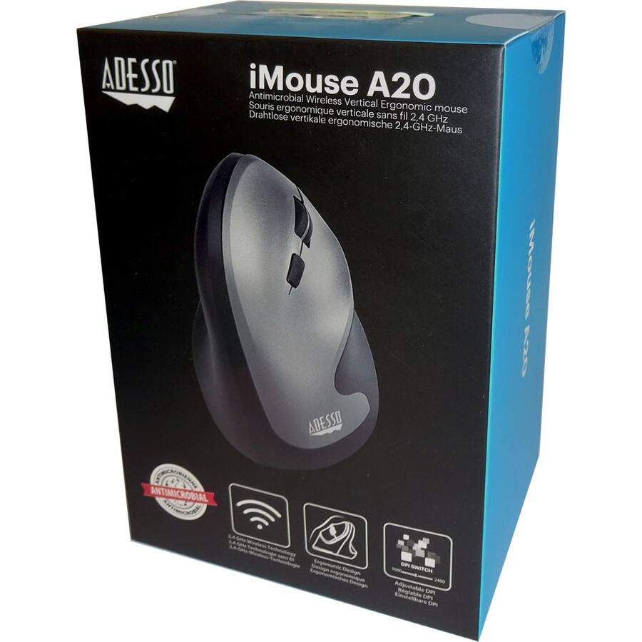 ADESSO iMouse A20  
Antimicrobial Wireless Vertical Ergonomic Mouse  
Souris ergonomique sans fil 2.4 GHz  
Drahtlose vertikale 2.4-GHz-Maus  

- Antimicrobial  
- 2.4 GHz Wireless Technology  
- Ergonomic Design  
- DPI Switch  
  - Adjustable DPI: 800, 1600, 2400