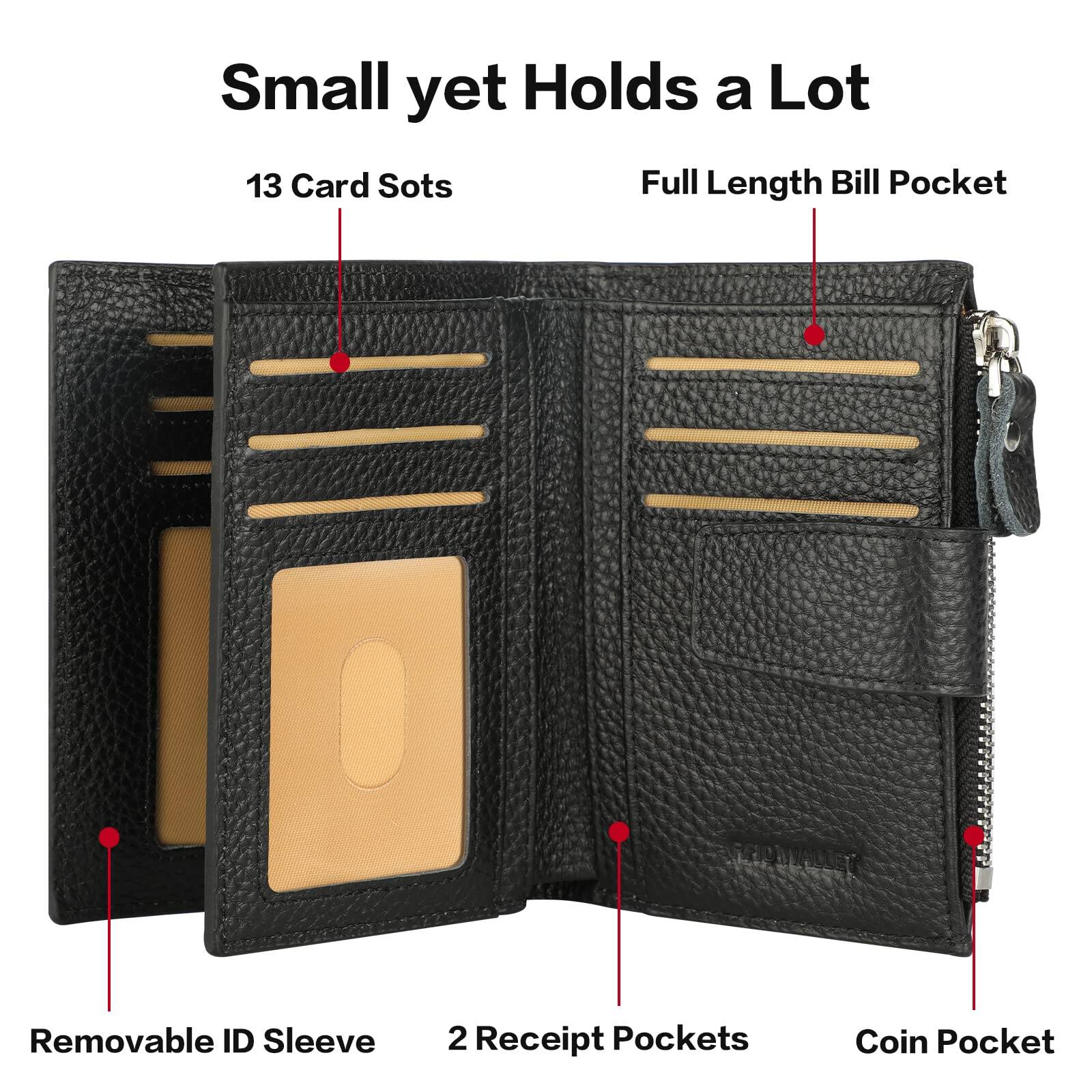 Small yet Holds a Lot

13 Card Sots  
Full Length Bill Pocket  
Removable ID Sleeve  
2 Receipt Pockets  
Coin Pocket