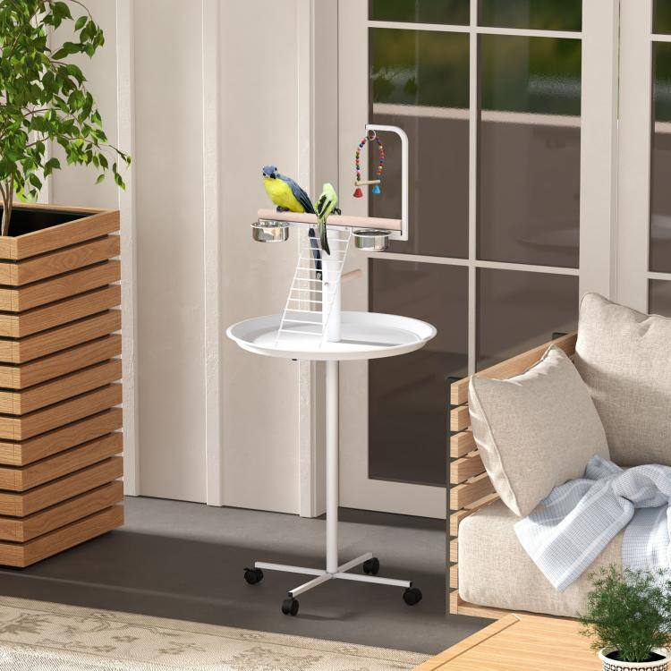 Alt View 2. PULUZ - Bird Stand with Wheels, Perches, Feed Bowls, Round Tray for Parrot - White.