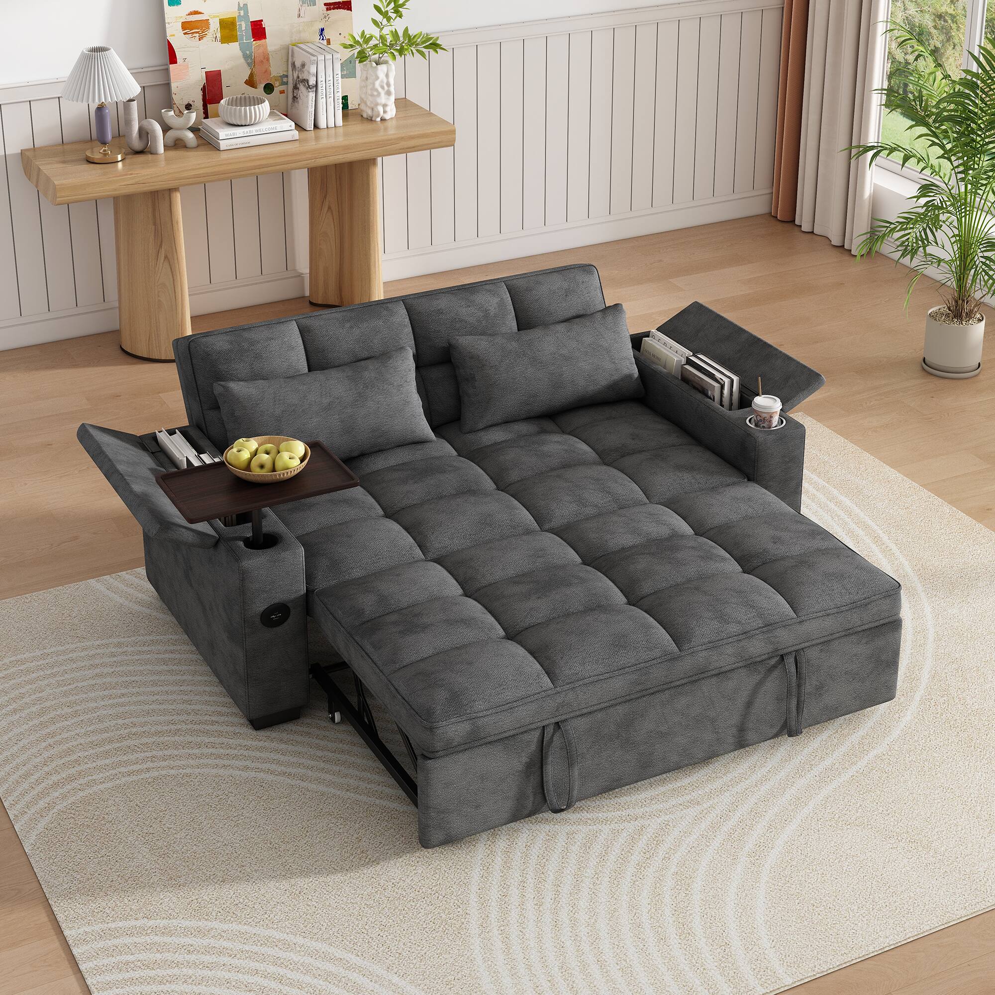 Front. Anysun - 65" 3-in-1 Chenille Convertible Sofa Bed - Pullout Design with 90° Swivel Table, Easy Assembly for Living Room - gray.