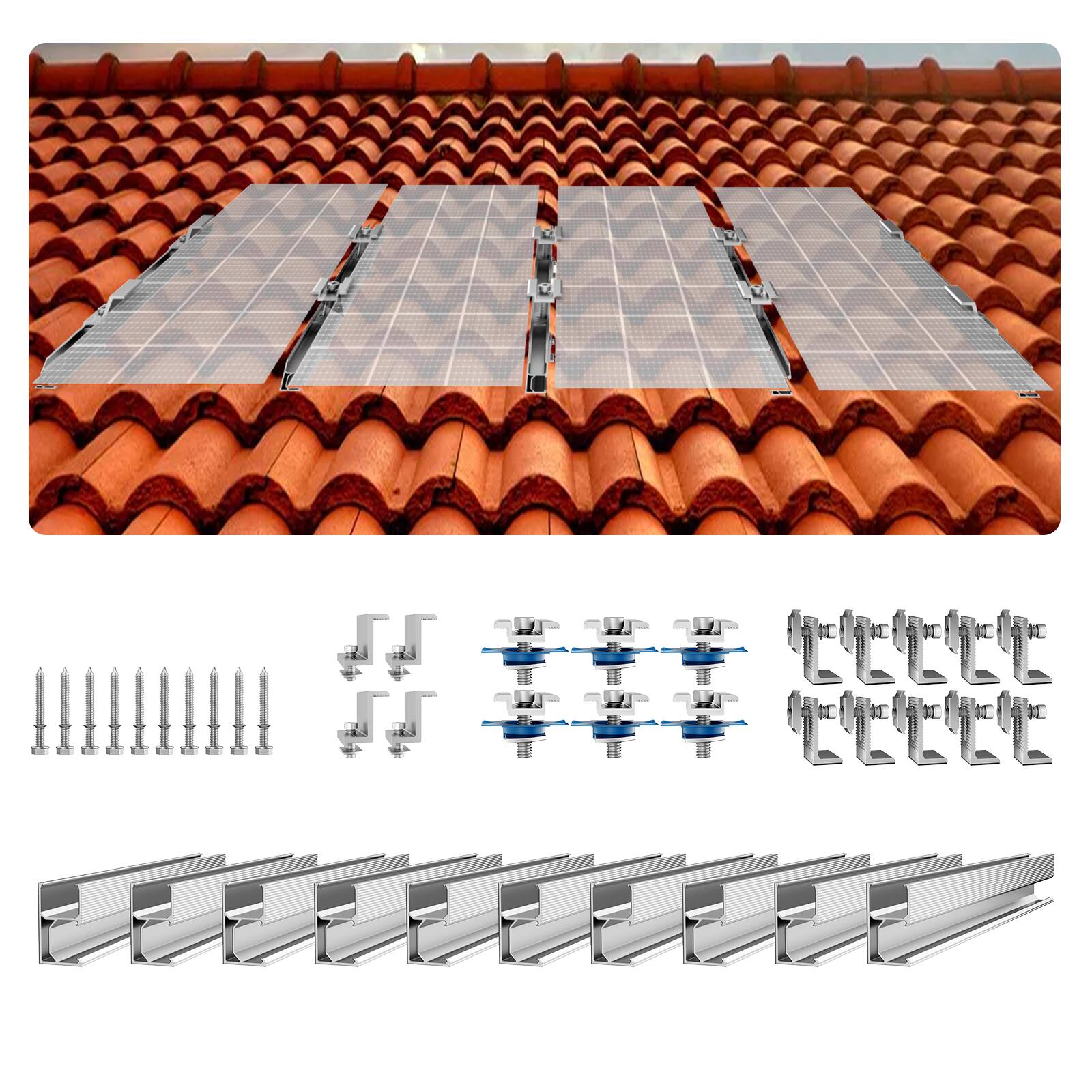 Sure, here is the corrected and grouped text:
---
**Solar Panel Installation Kit**
- **Solar Panels:** 4 panels installed on a terracotta tiled roof.
- **Components Included:**
- Screws
- Mounting brackets
- Clamps
- Rail system
---