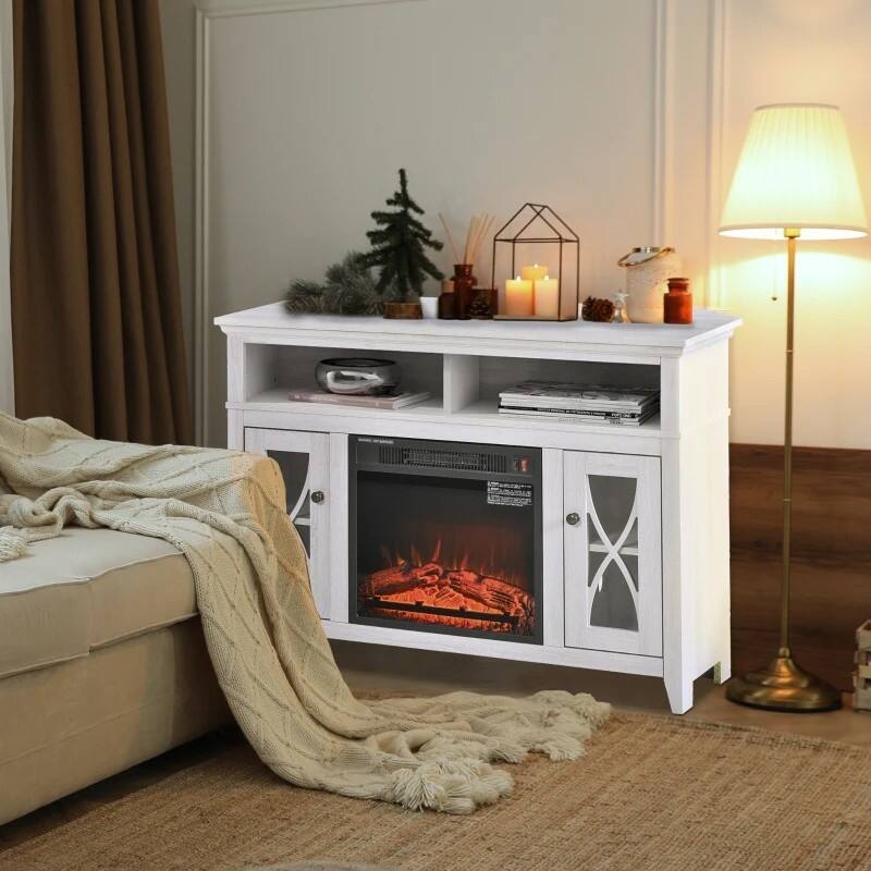 Angle. Hivvago - Rustic White Electric Fireplace Mantel TV Stand w/ Adjustable Shelves 2 Storage Cabinets - Rustic White.