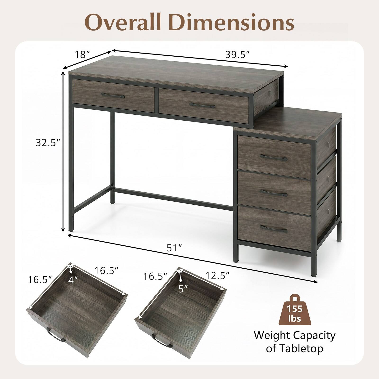 Overall Dimensions  
18" x 39.5" x 32.5" x 51" x 16.5" + 4" x 16.5" x 16.5" x 5" x 12.5"  
Weight Capacity of Tabletop: 155 lbs