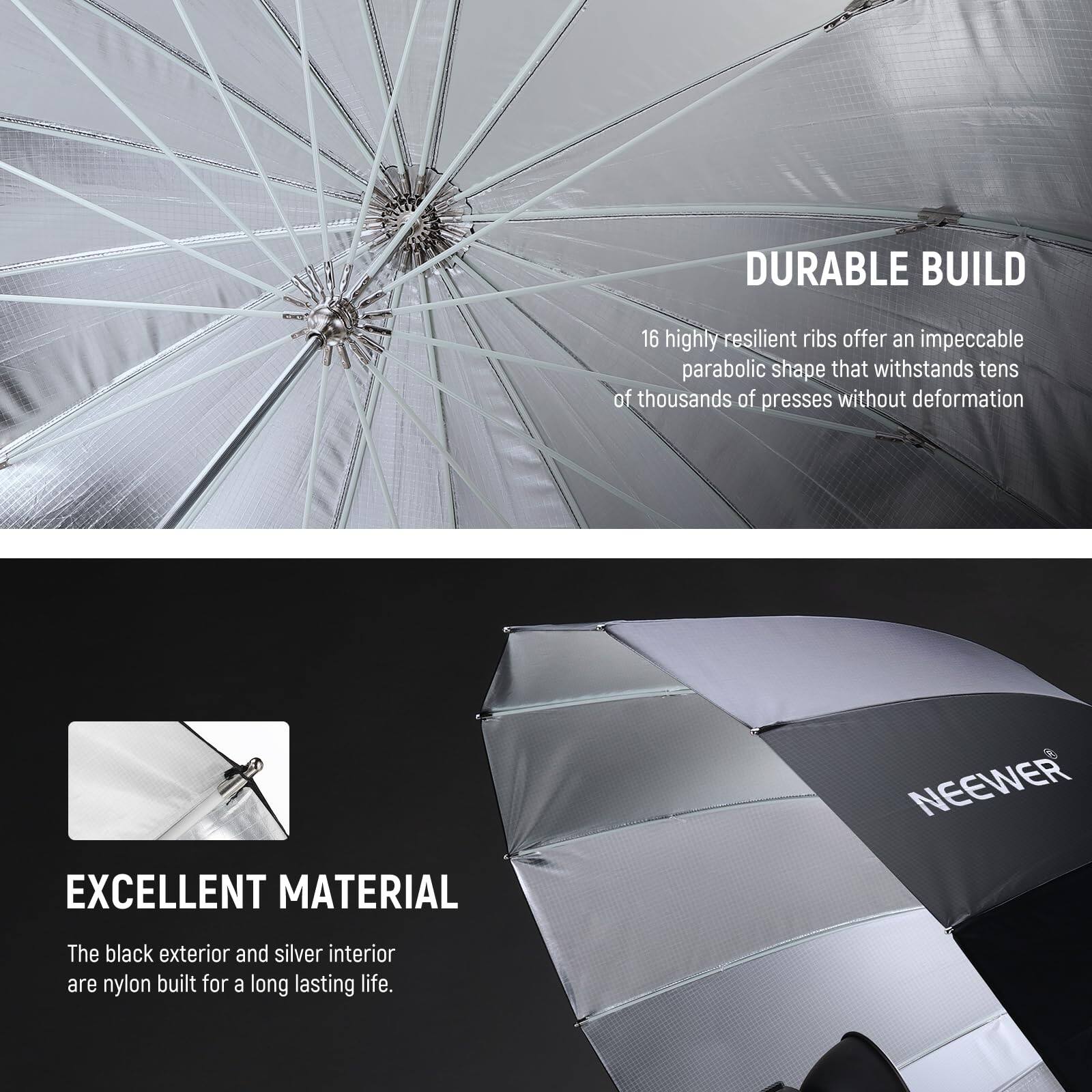 DURABLE BUILD  
16 highly resilient ribs offer an impeccable parabolic shape that withstands tens of thousands of presses without deformation.

EXCELLENT MATERIAL  
The black exterior and silver interior are nylon built for a long-lasting life.