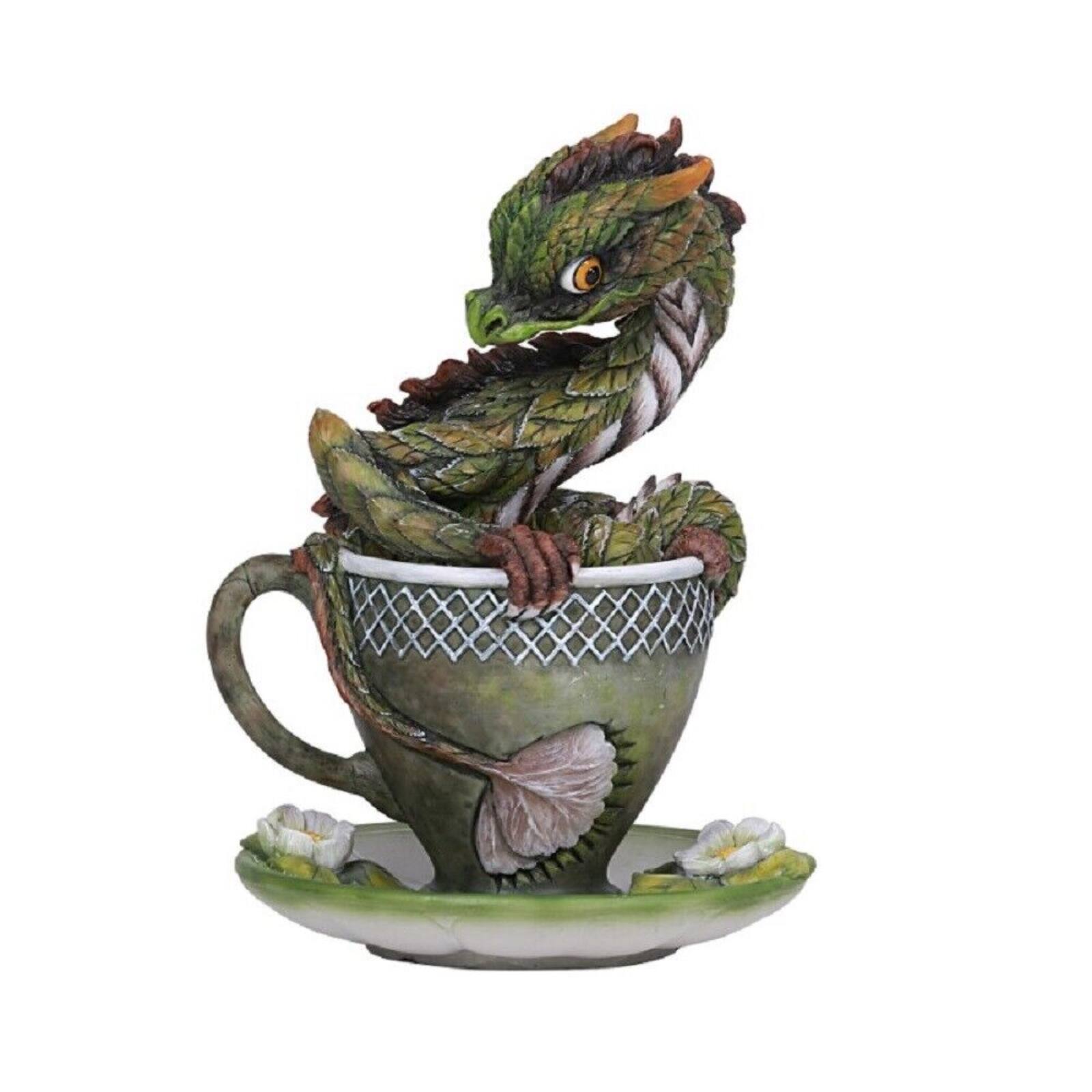 Angle. Pacific Trading - Flower Dragon in The Green Tea Cup Figurine by Stanley Morrison 6 inch.