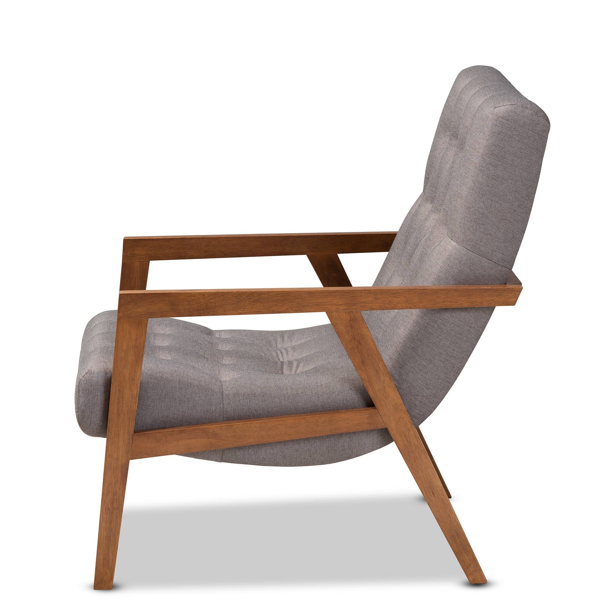 Left. Baxton Studio - Naeva Mid-Century Modern Fabric Upholstered Walnut Finished Wood Armchair - Grey/Brown.