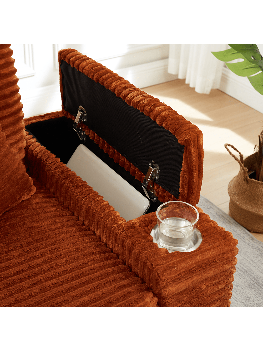 Alt View 1. Trinkets Crazed - Corduroy Chaise Lounge Sofa With Ottoman,Single Sofa Chair Bed With Storage Amrest,Cup Holder,180°Rotating Table Board - Orange.