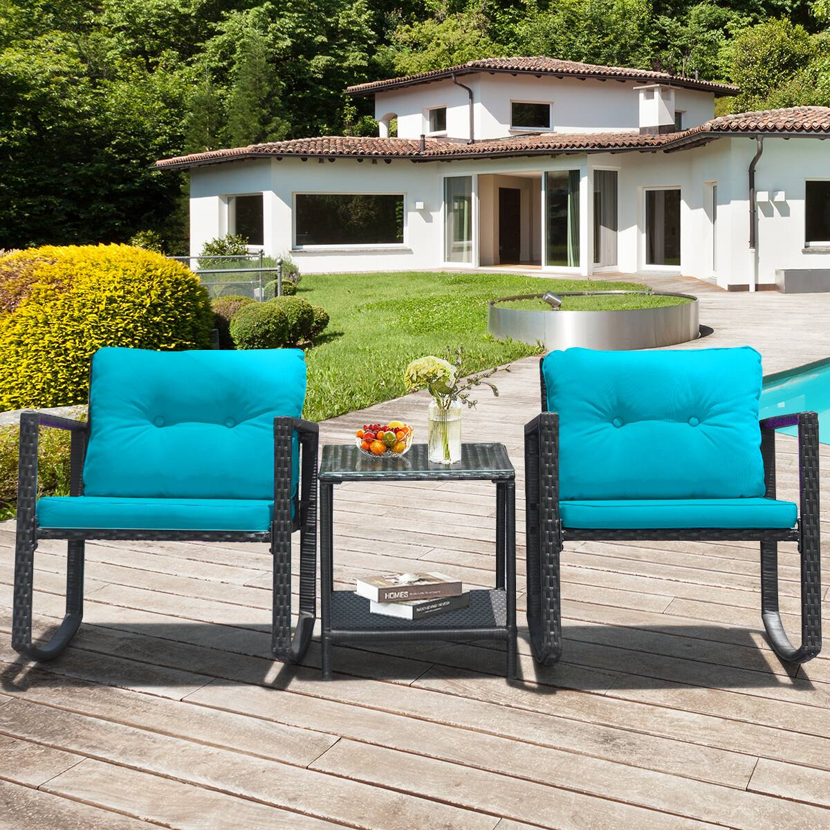 Alt View 4. Gymax - Gymax 3PCS Rattan Rocking Chair Table Set Patio Furniture Set w/ Blue Cushions - as pic.