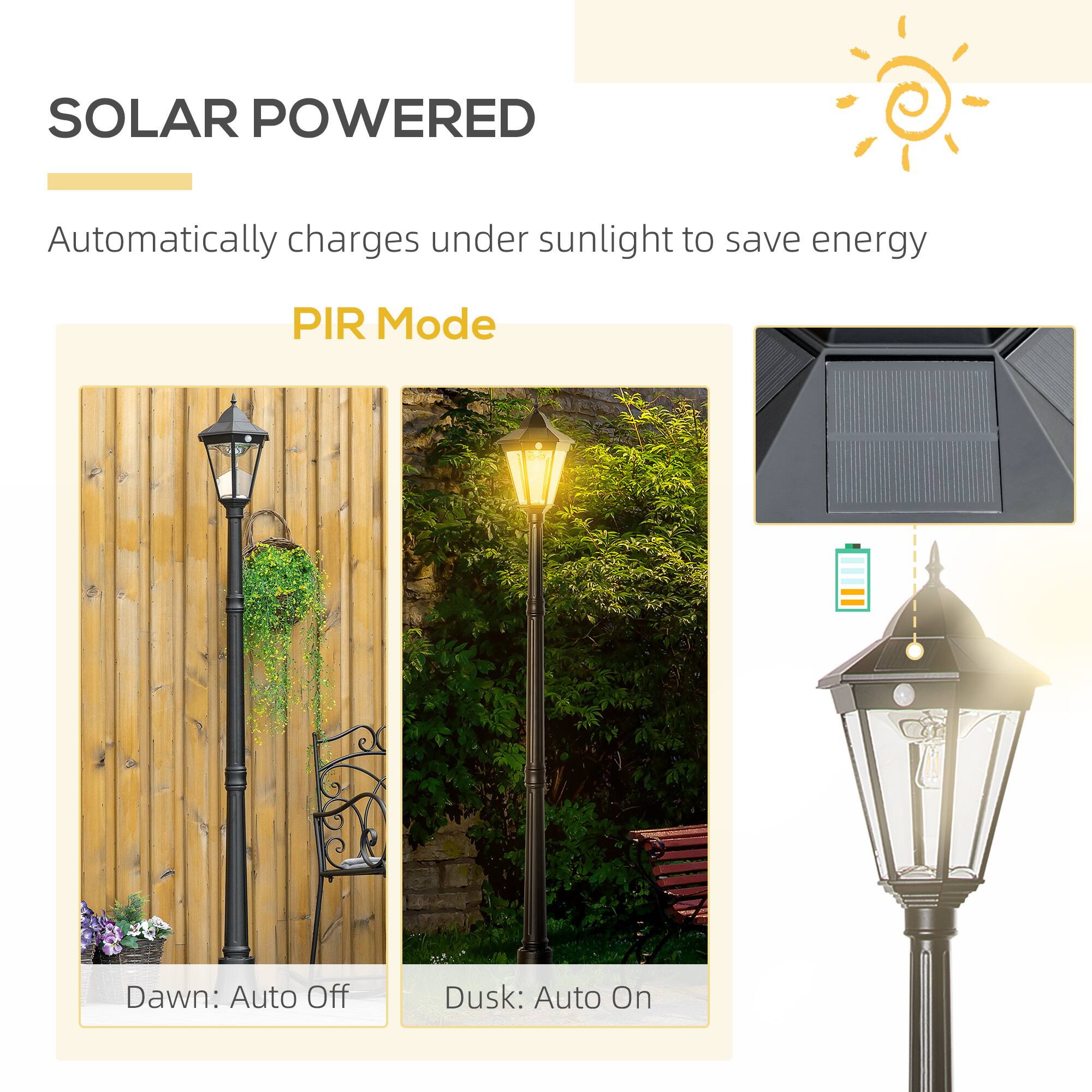 SOLAR POWERED  
Automatically charges under sunlight to save energy  

PIR Mode  
Dawn: Auto Off  
Dusk: Auto On