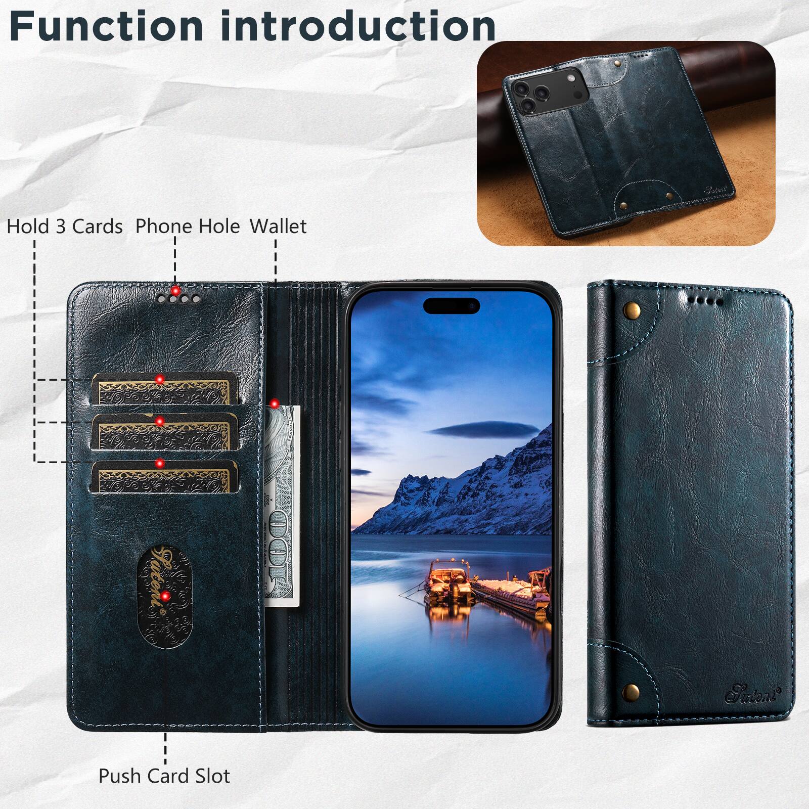 Function introduction

- Hold 3 Cards Phone Hole Wallet
- Push Card Slot