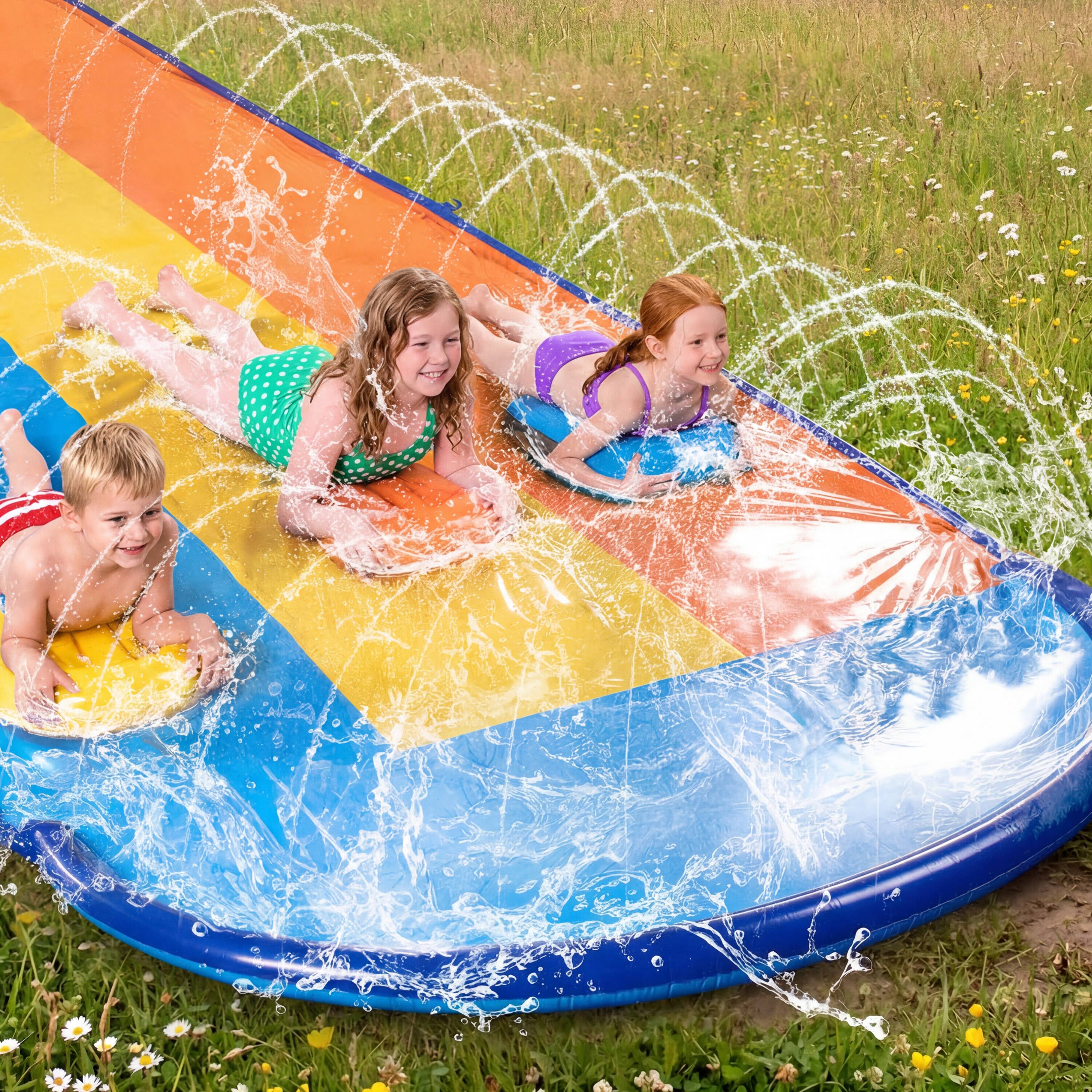 Left. Joyfy - 22.5ft Triple Water Slide and 3 Inflatable Boards, Backyard Summer Lawn Water Slides Waterslides and Sprinkler Water Toy.