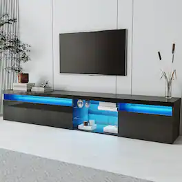APRILSOUL - Unique Design TV Stand with 2Glass Shelves Ample Storage Space TVs Up to 105in Versatile LED Color Changing Lights - Black